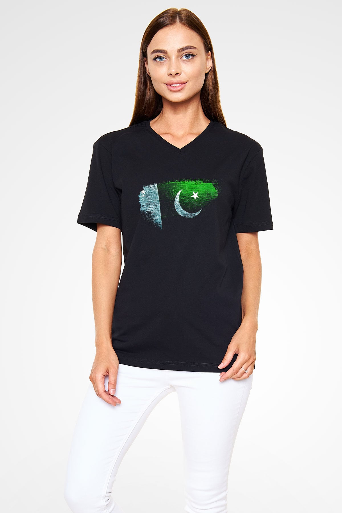 Pakistan Bayrağı Baskılı Unisex Siyah V Yaka Tişört