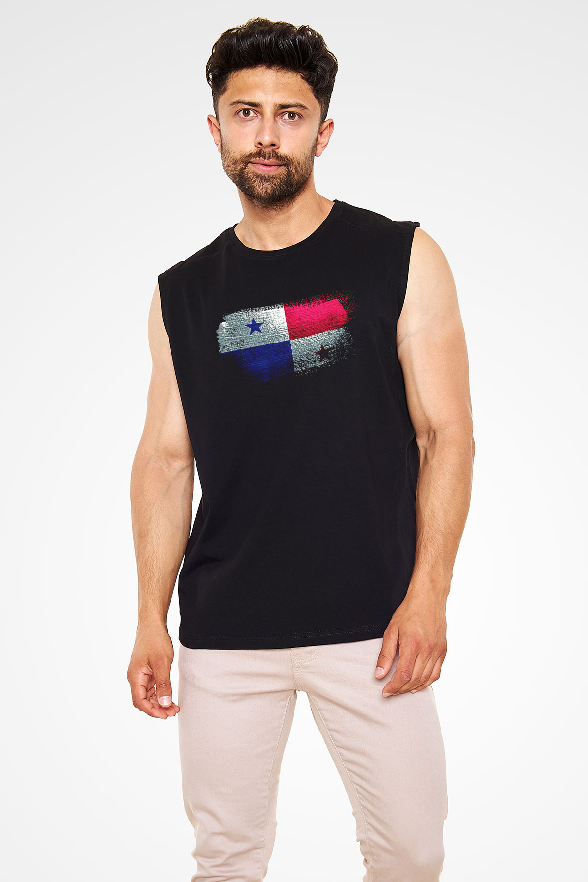 Panama Bayrağı Baskılı Unisex Siyah Kolsuz Tişört