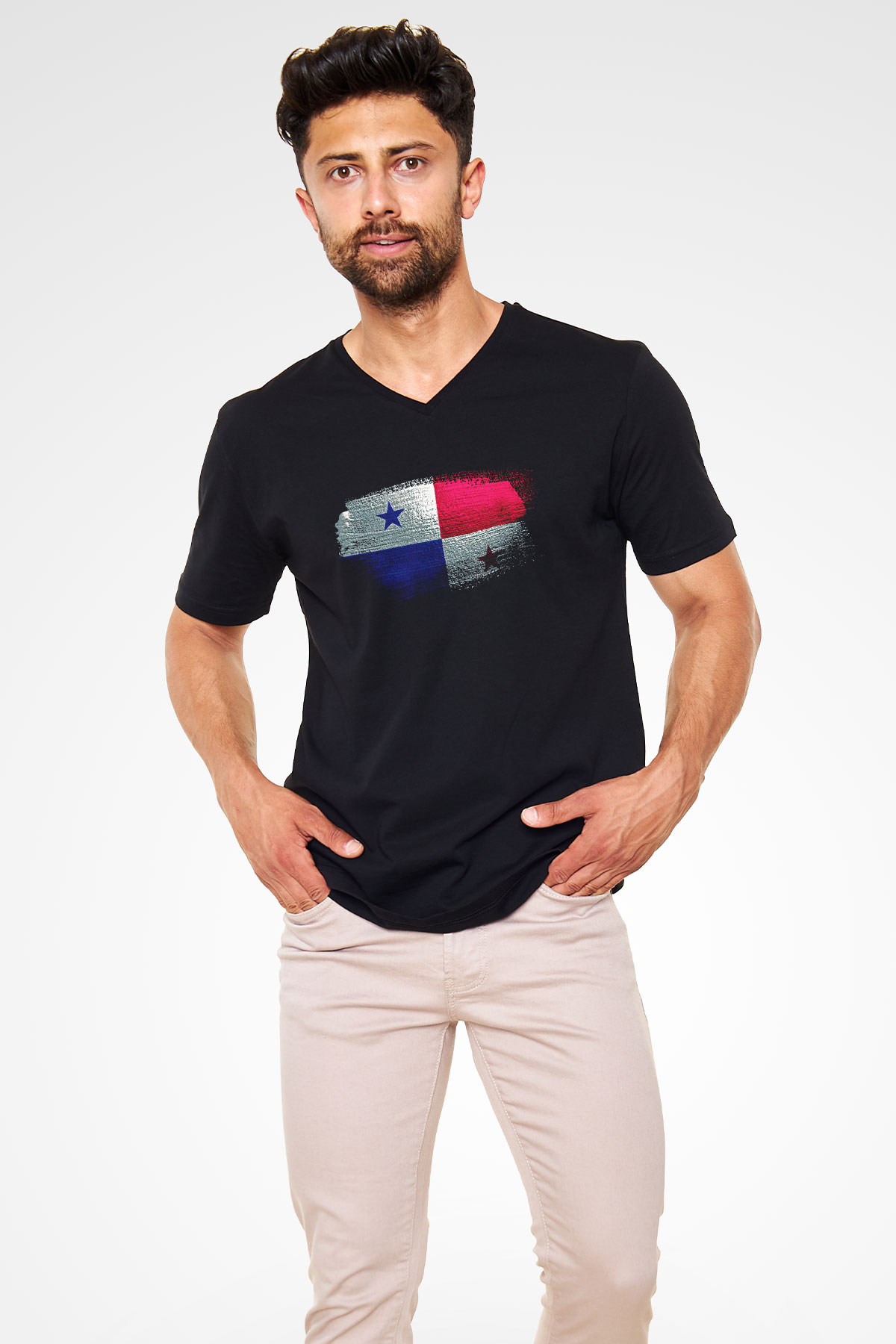 Panama Bayrağı Baskılı Unisex Siyah V Yaka Tişört