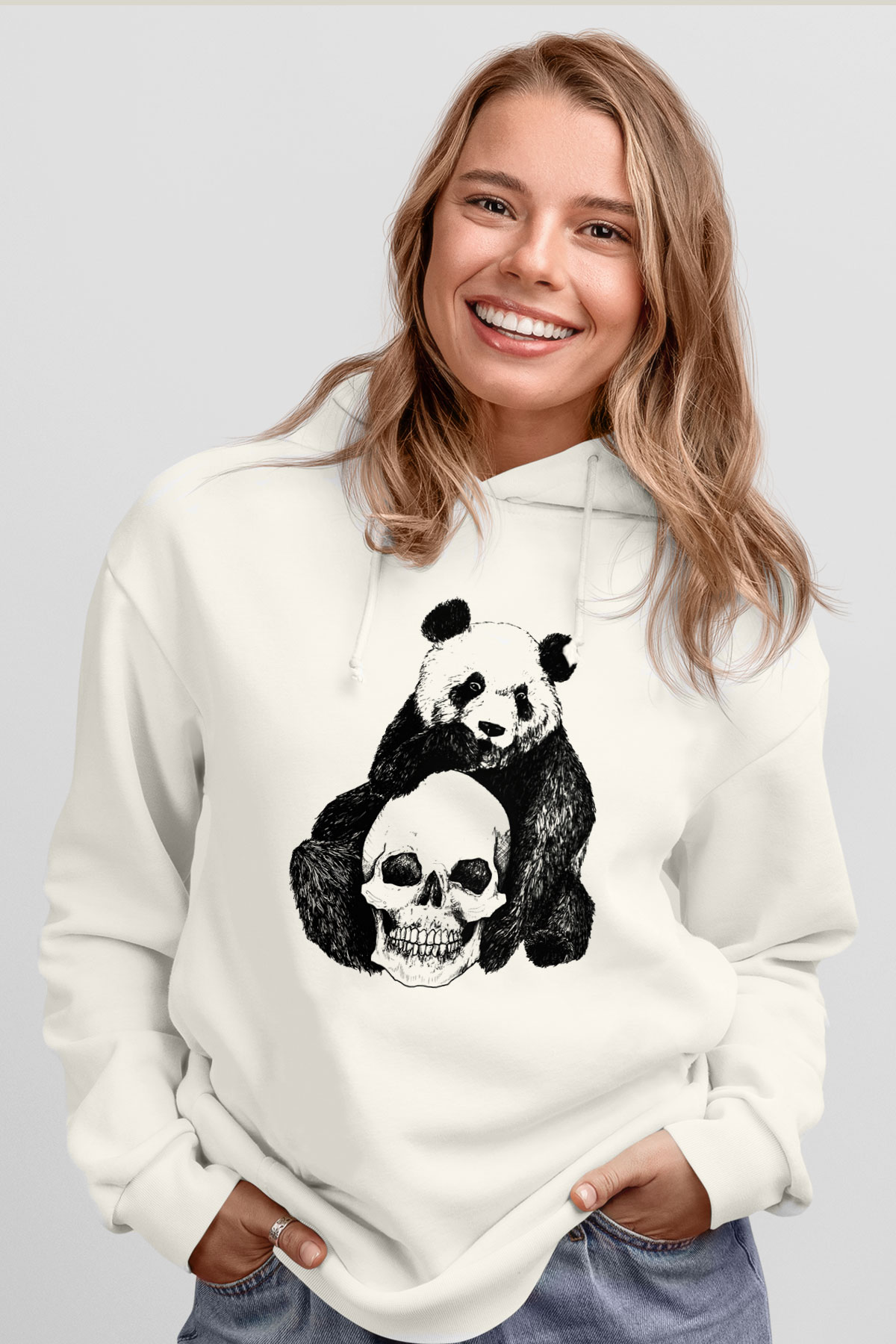 Panda Beyaz Unisex Kapşonlu Sweatshirt
