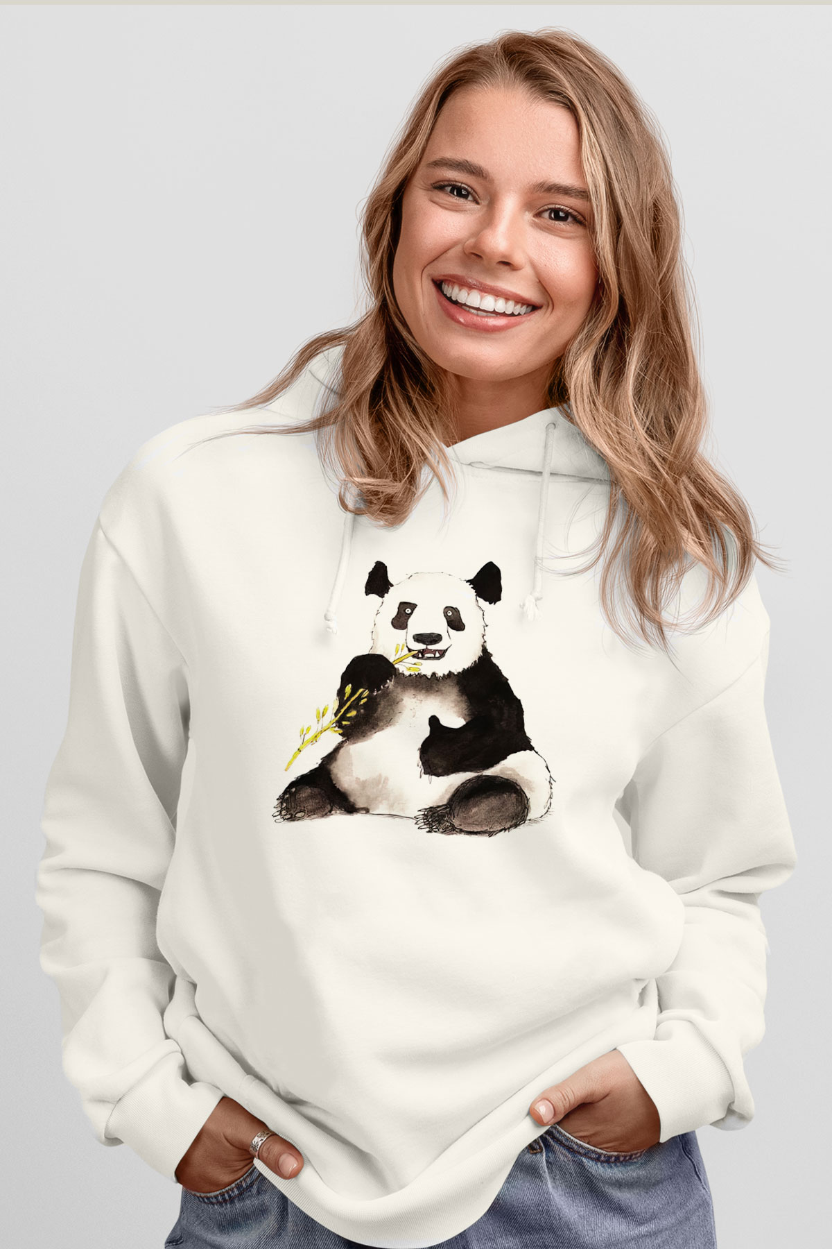 Panda Beyaz Unisex Kapşonlu Sweatshirt