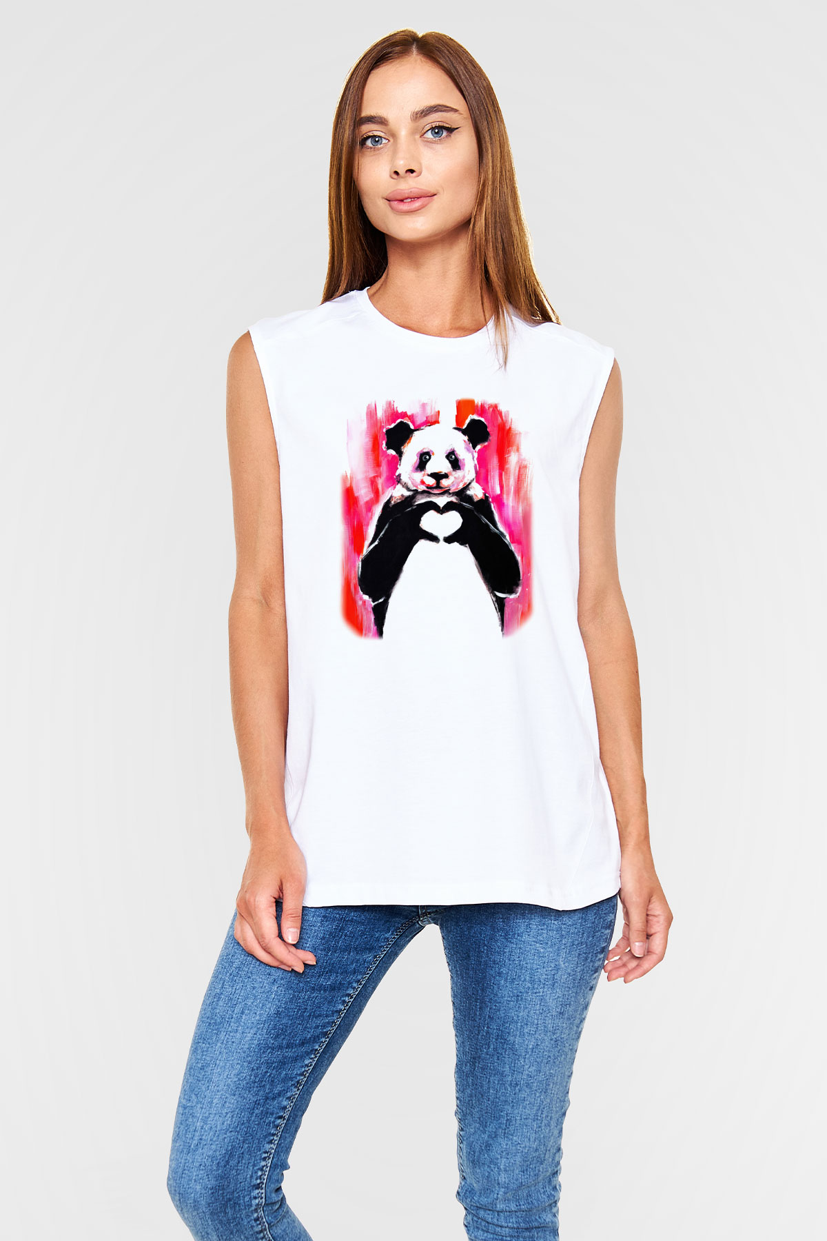 Panda Beyaz Unisex Kolsuz Tişört