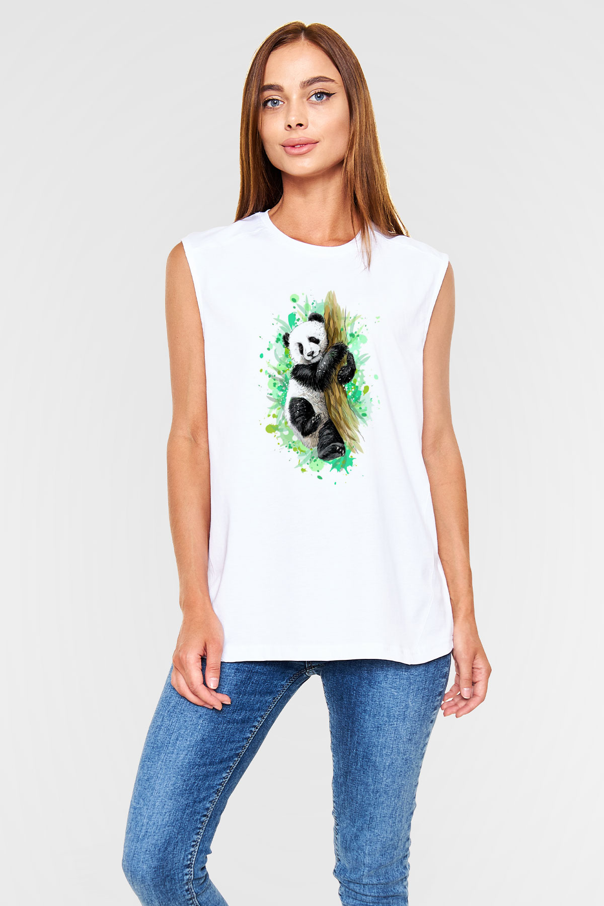 Panda Beyaz Unisex Kolsuz Tişört