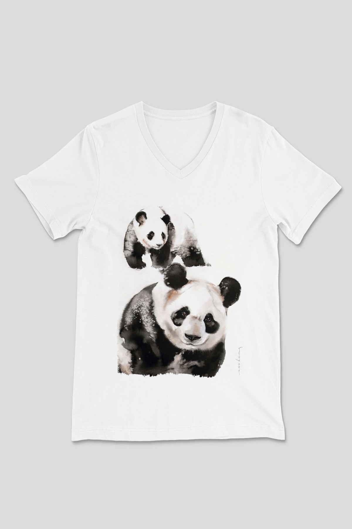 Panda Beyaz Unisex V Yaka Tişört
