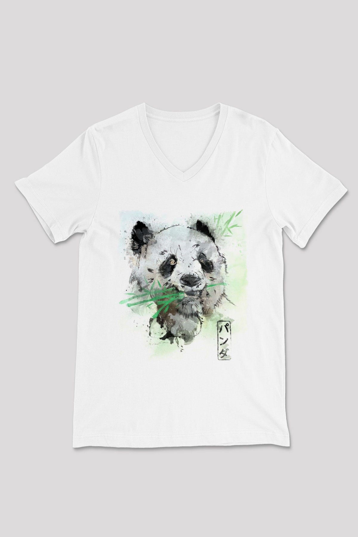 Panda Beyaz Unisex V Yaka Tişört