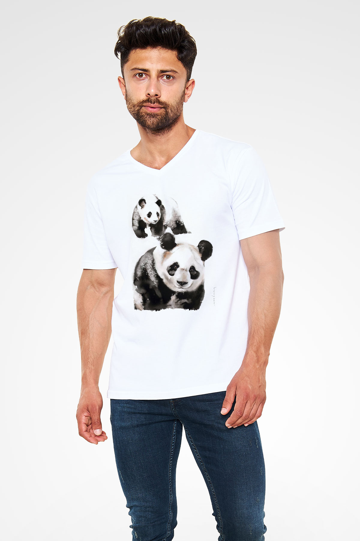Panda Beyaz Unisex V Yaka Tişört
