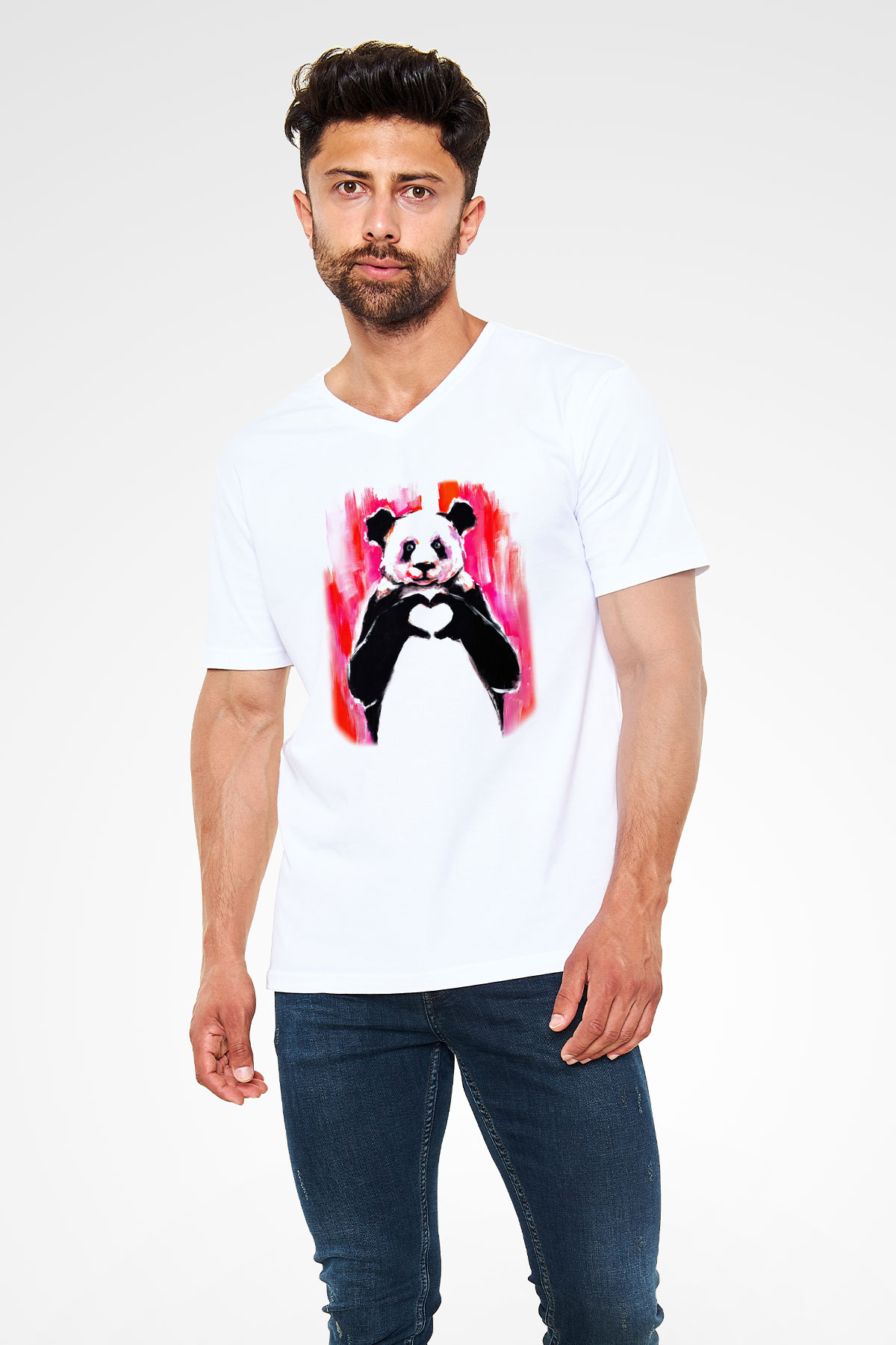 Panda Beyaz Unisex V Yaka Tişört T-Shirt