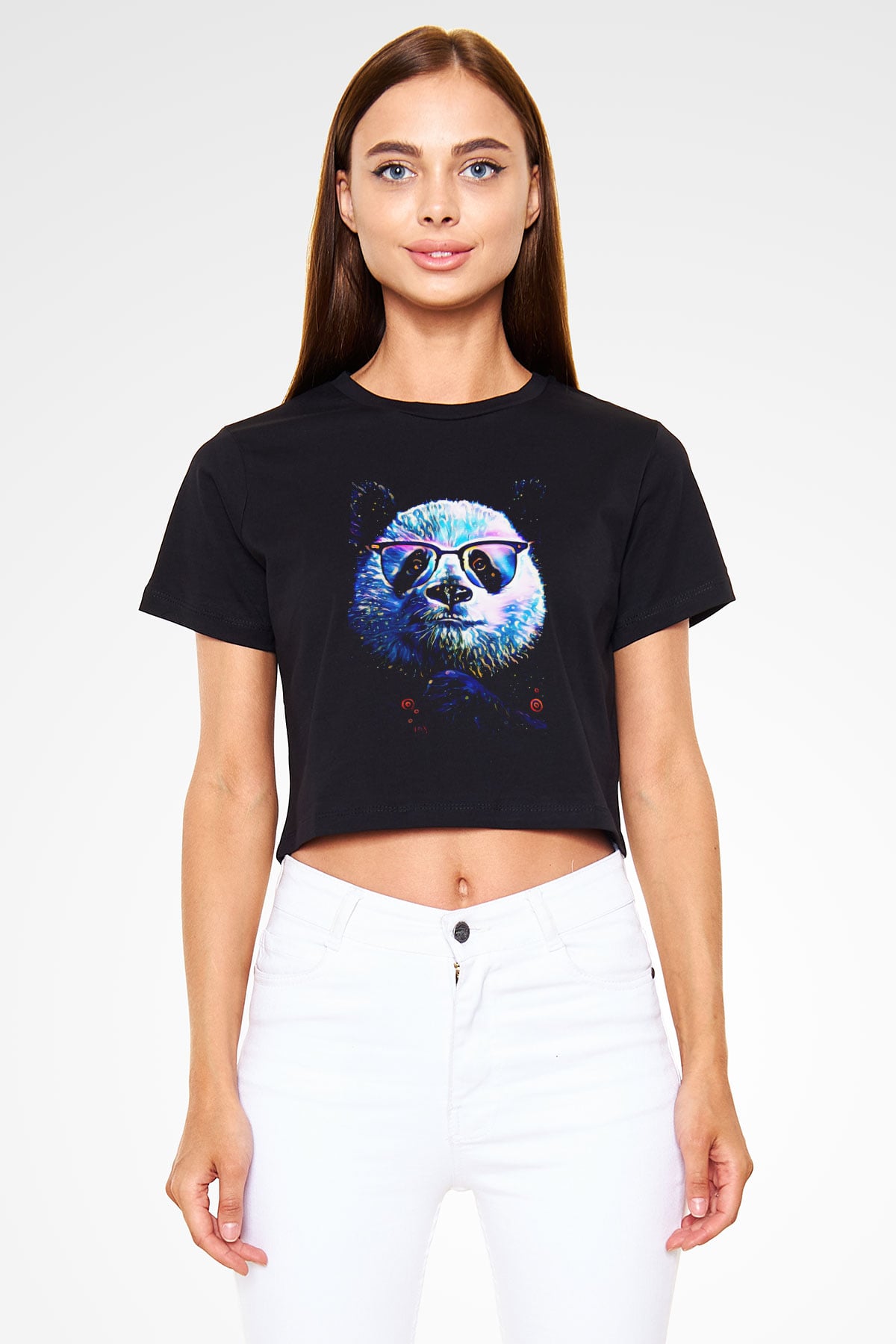 Panda Siyah  Crop Top Tişört