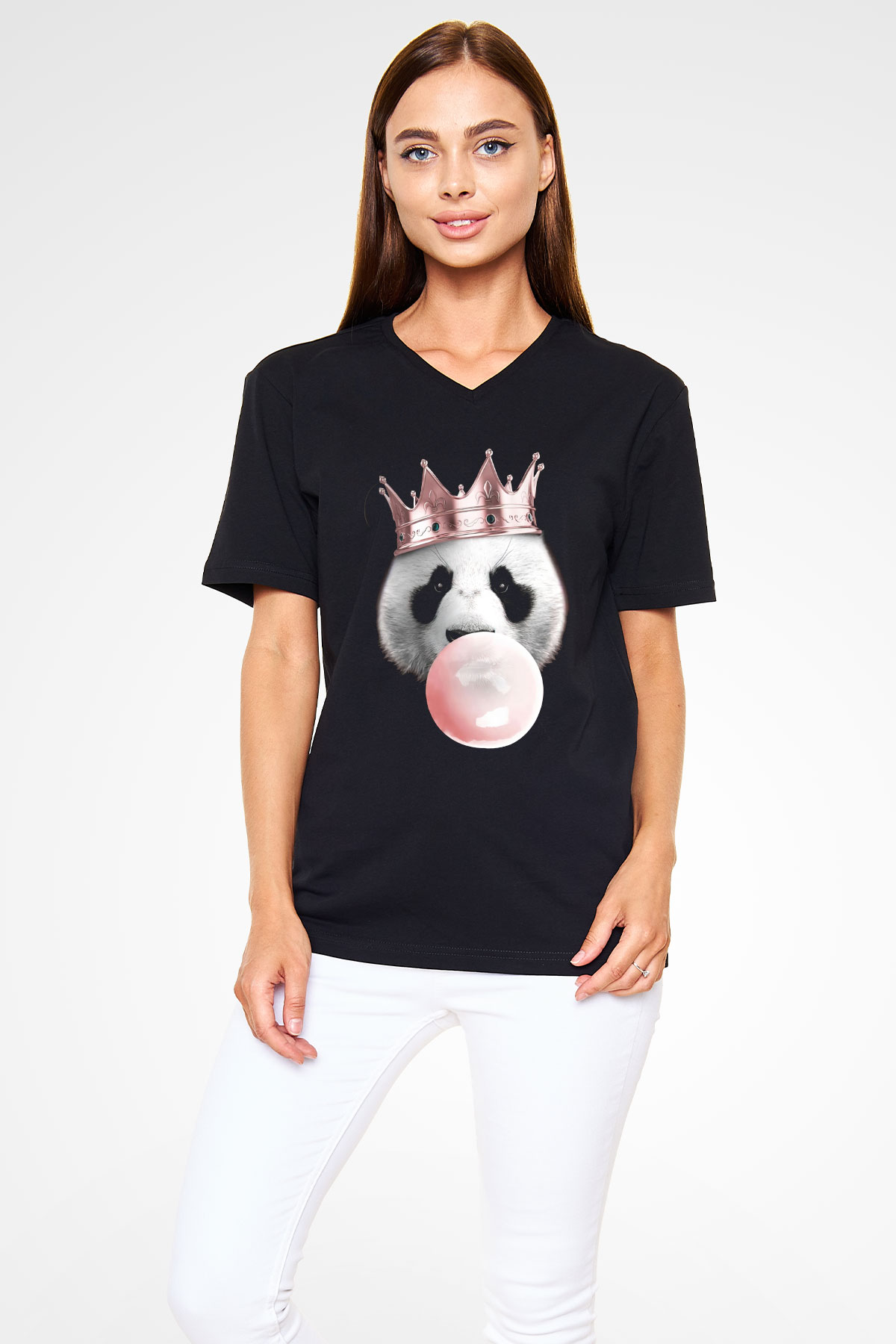 Panda Siyah Unisex V Yaka Tişört