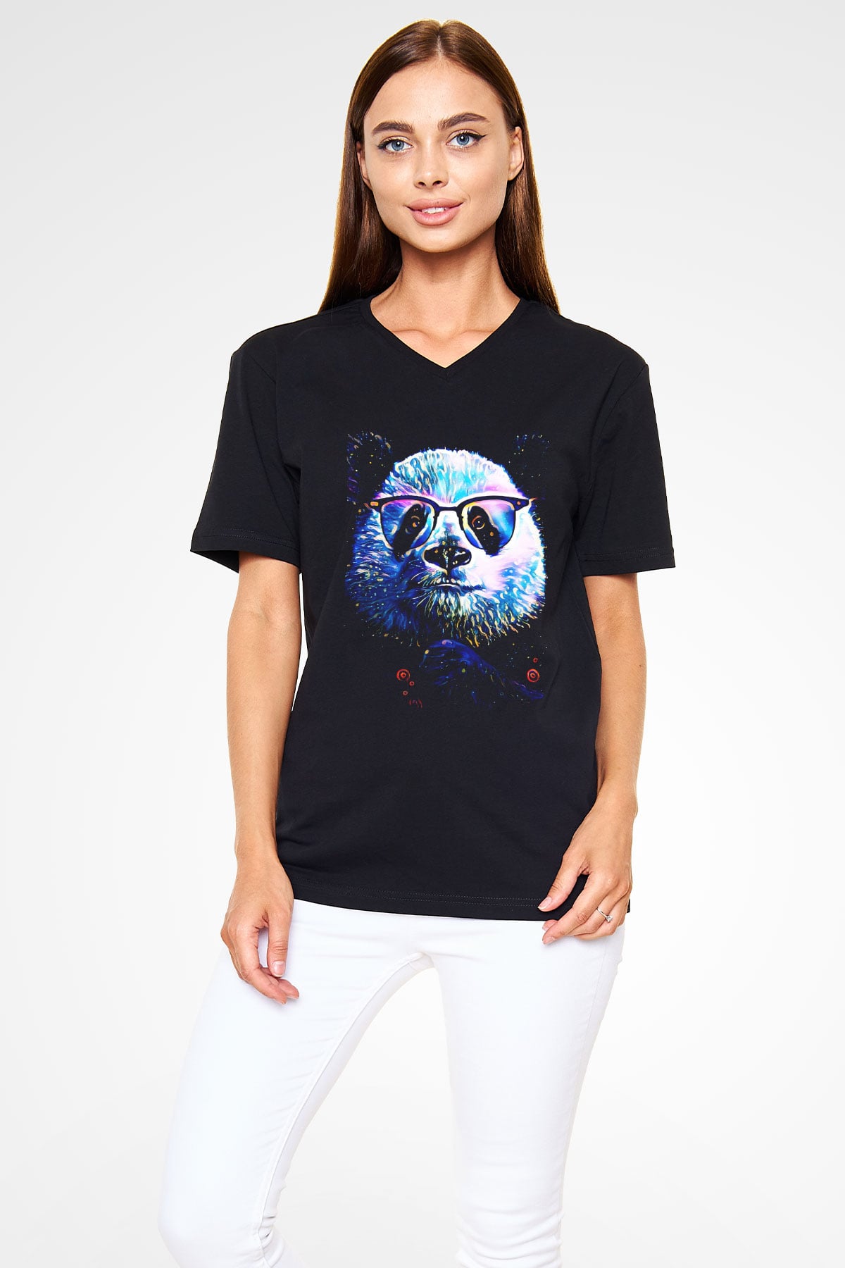 Panda Siyah Unisex V Yaka Tişört