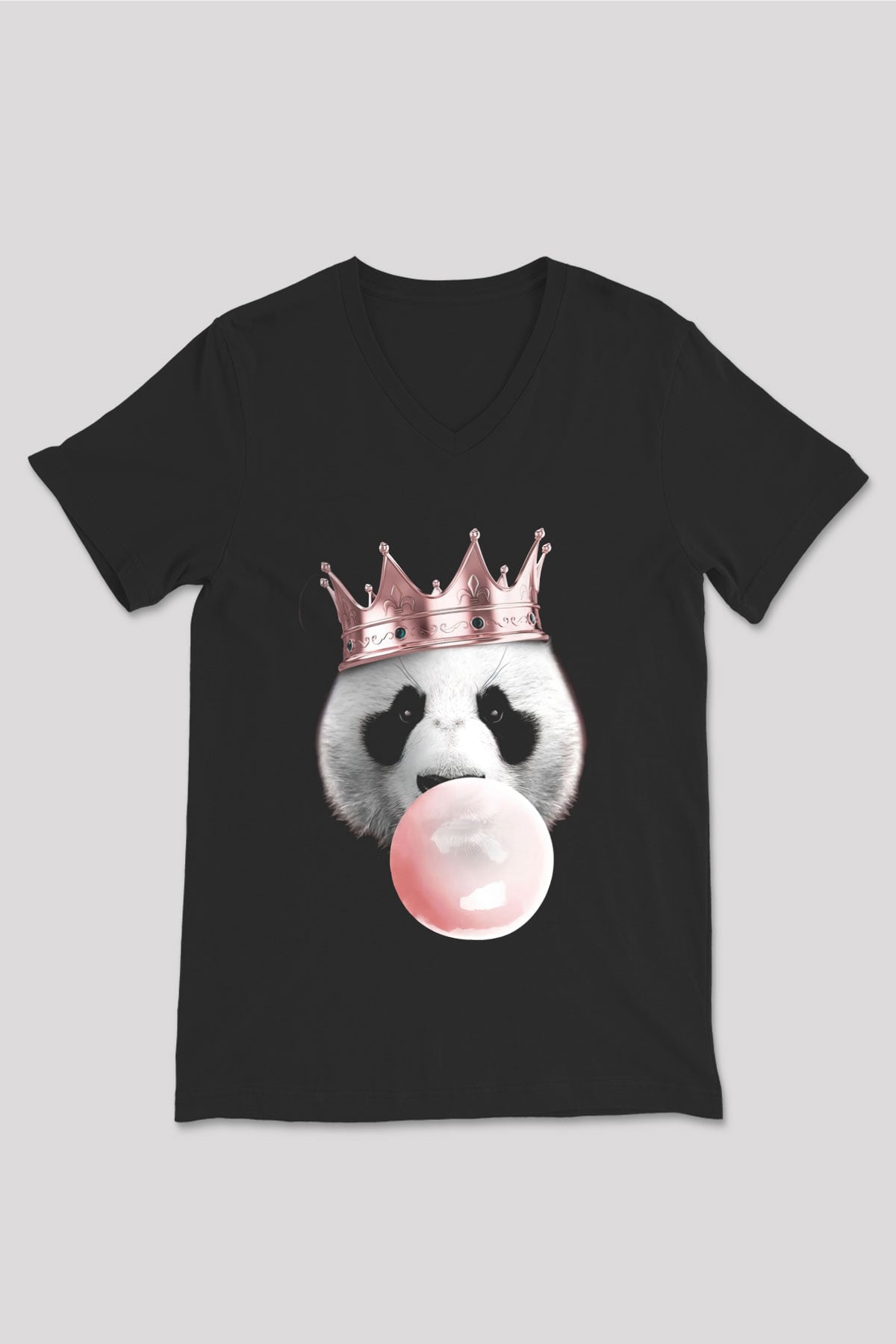 Panda Siyah Unisex V Yaka Tişört