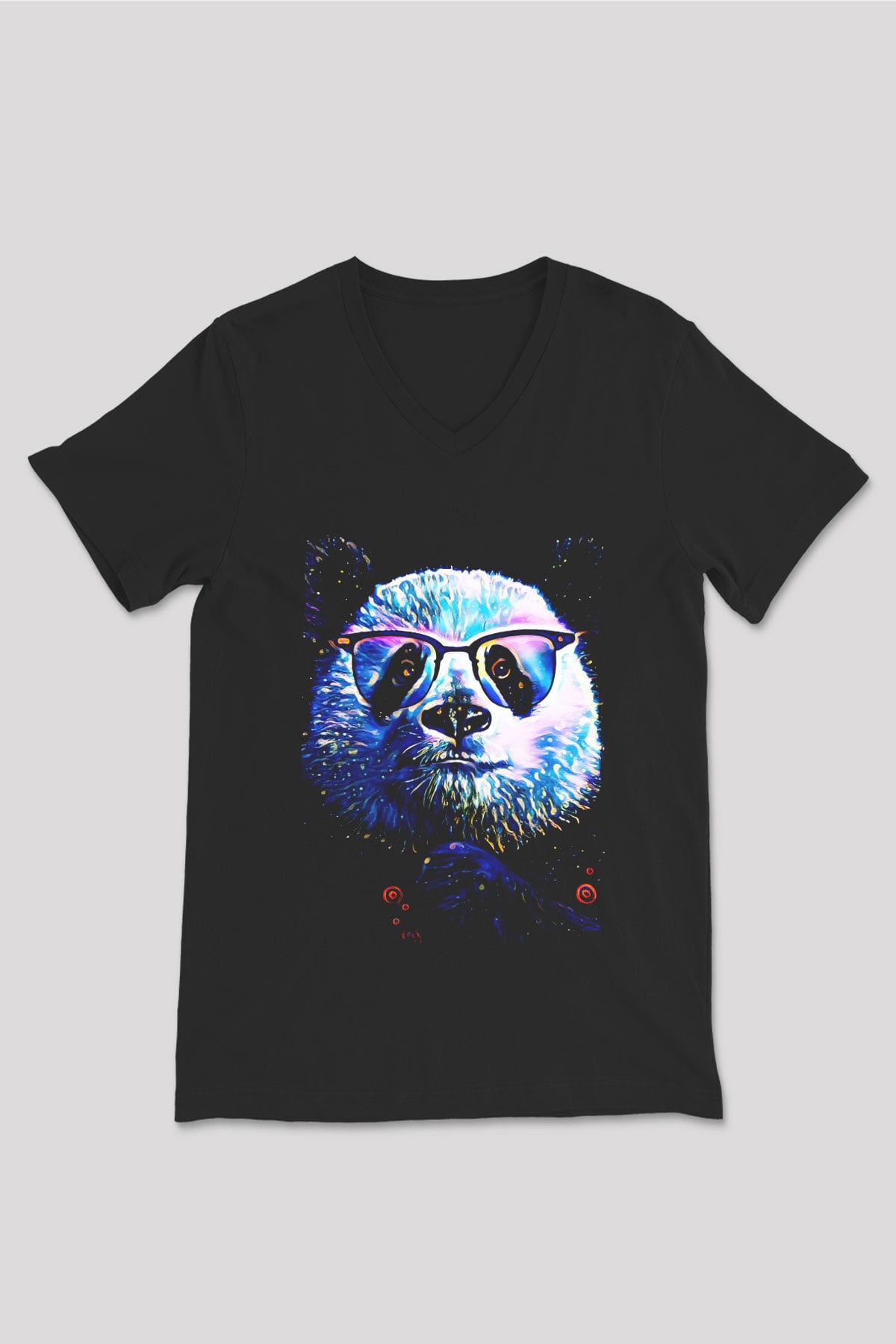 Panda Siyah Unisex V Yaka Tişört