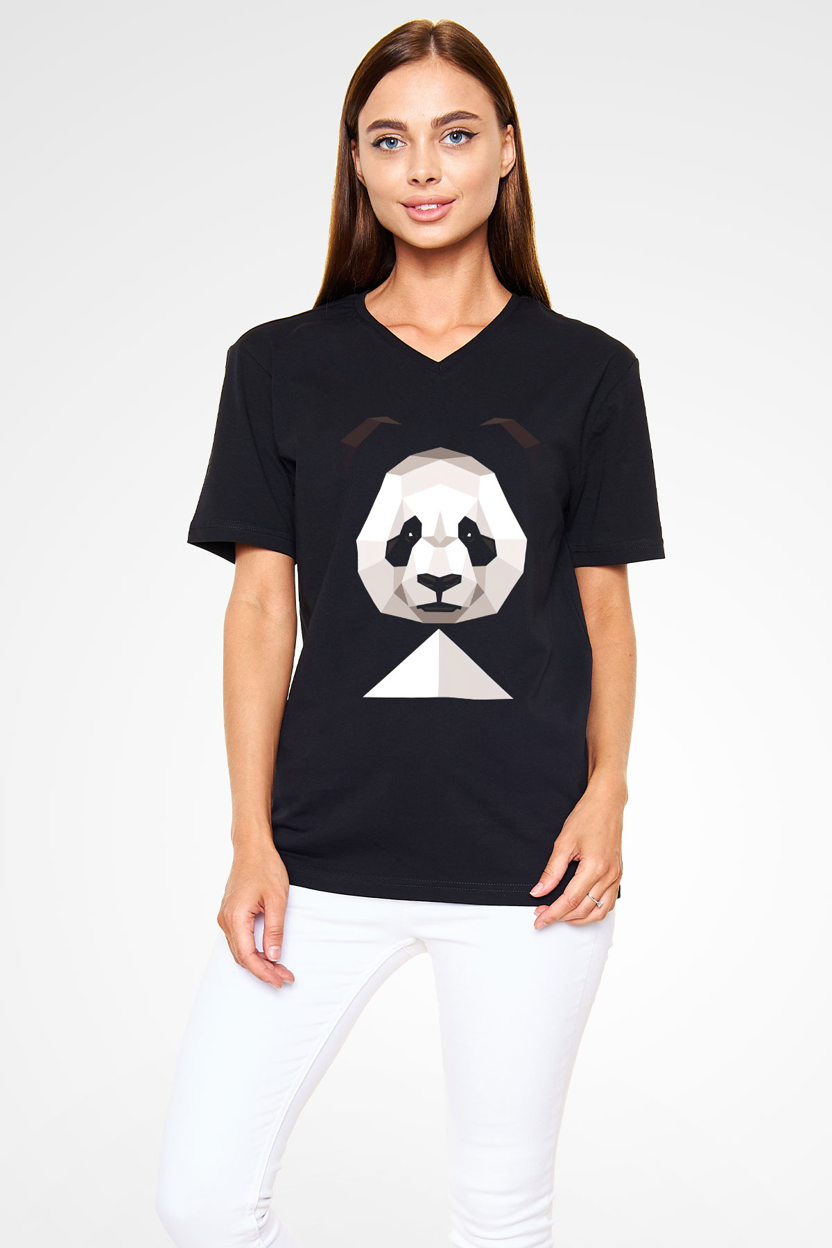 Panda Siyah Unisex V Yaka Tişört
