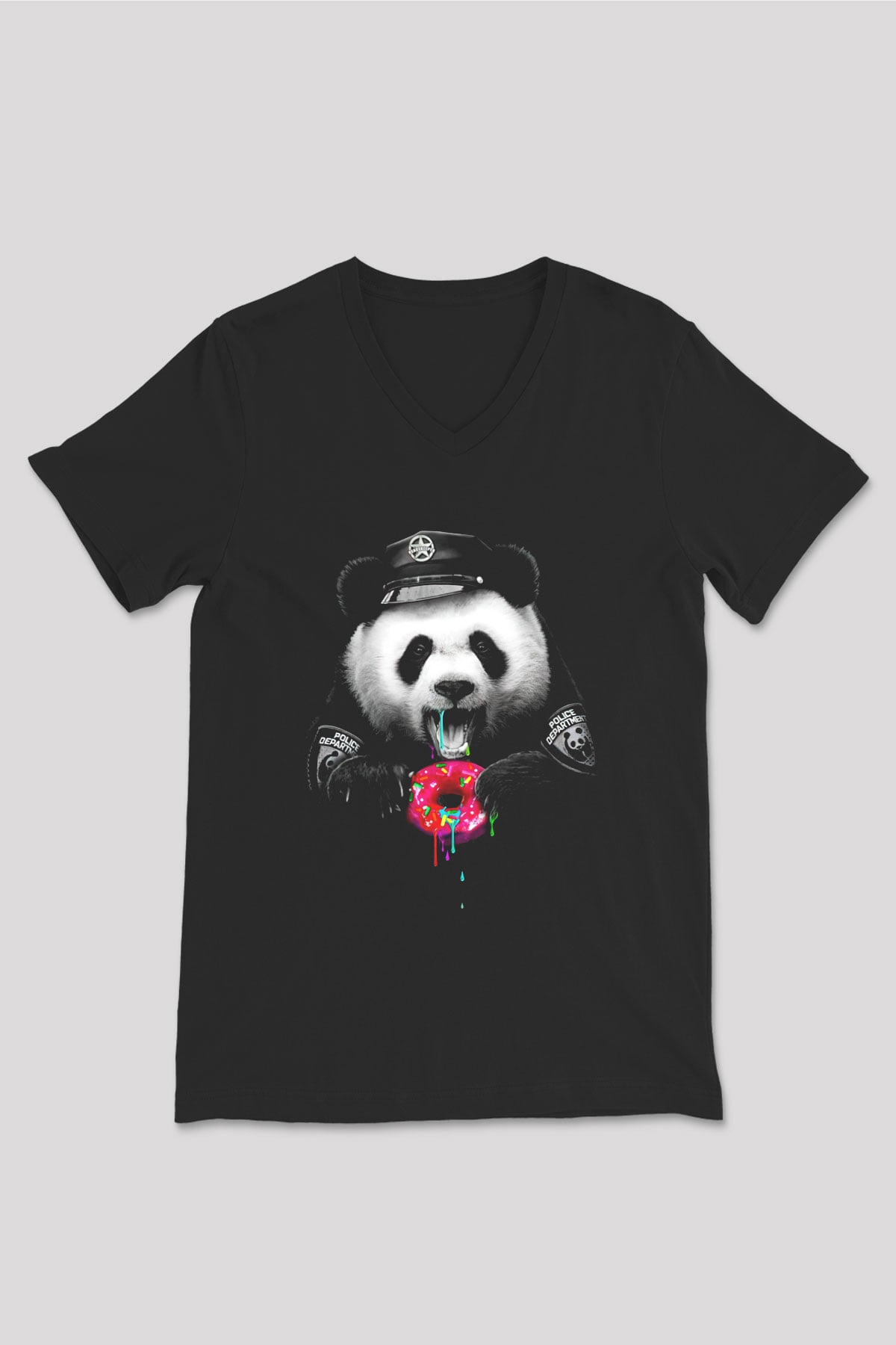 Panda Siyah Unisex V Yaka Tişört T-Shirt