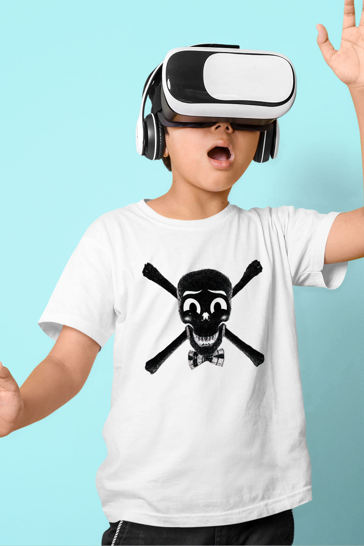 Papyonlu Kuru Kafa Baskılı Unisex Beyaz  Çocuk Tişört