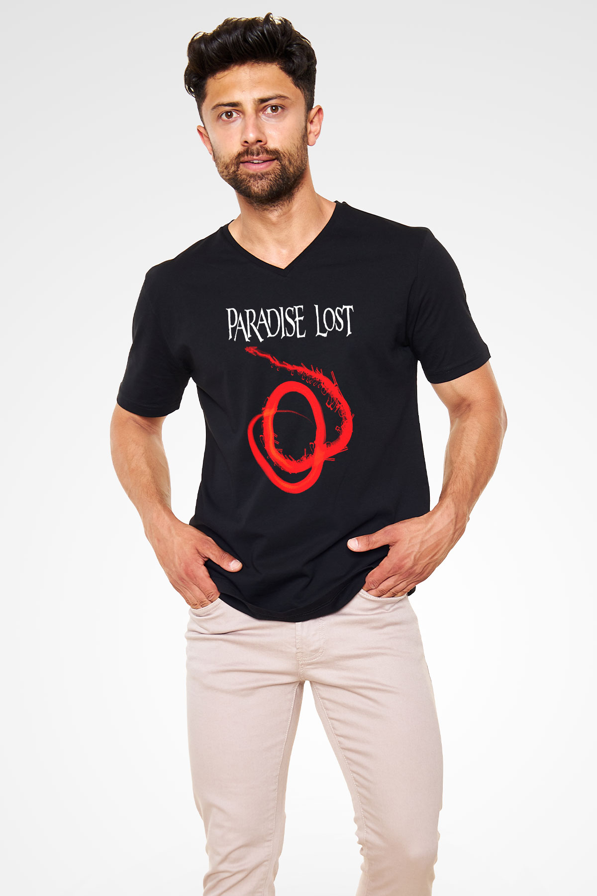 Paradise Lost Baskılı Unisex Siyah V Yaka Tişört - Tshirt