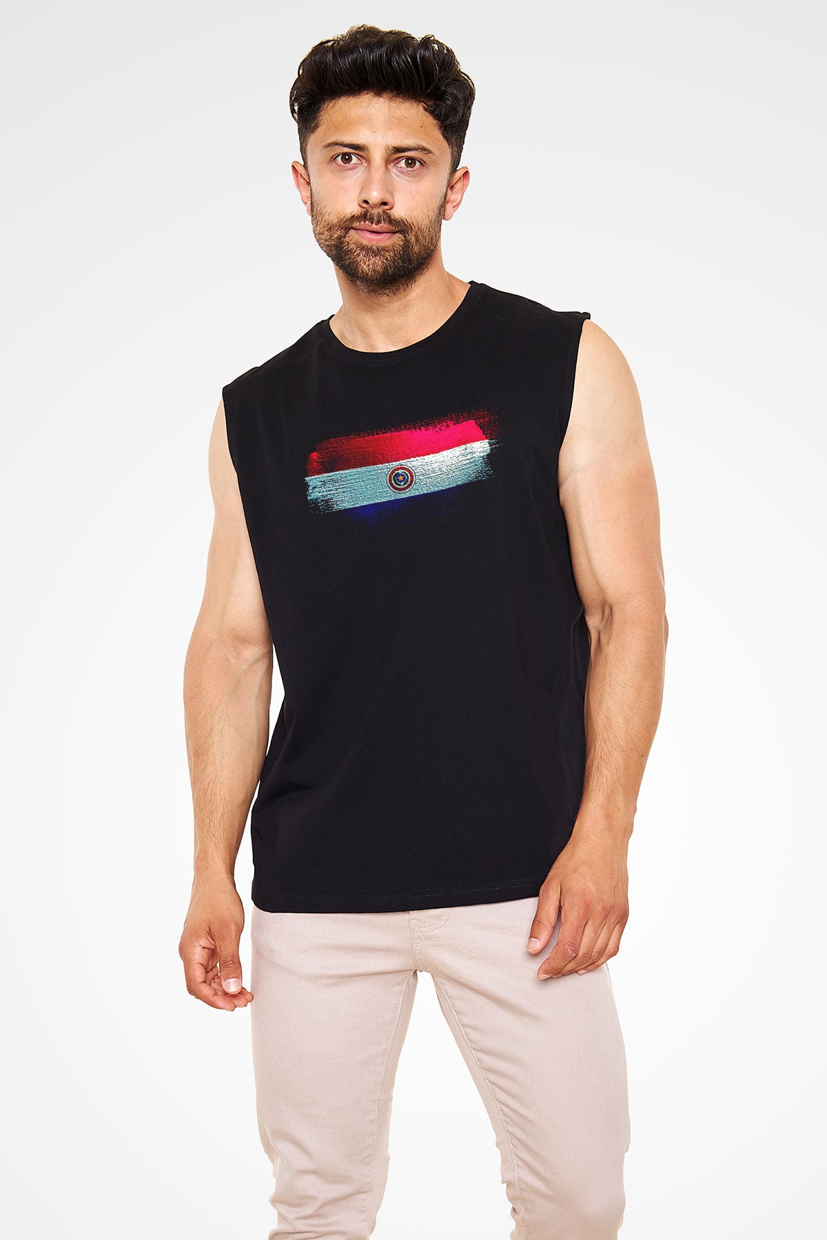 Paraguay Bayrağı Baskılı Unisex Siyah Kolsuz Tişört