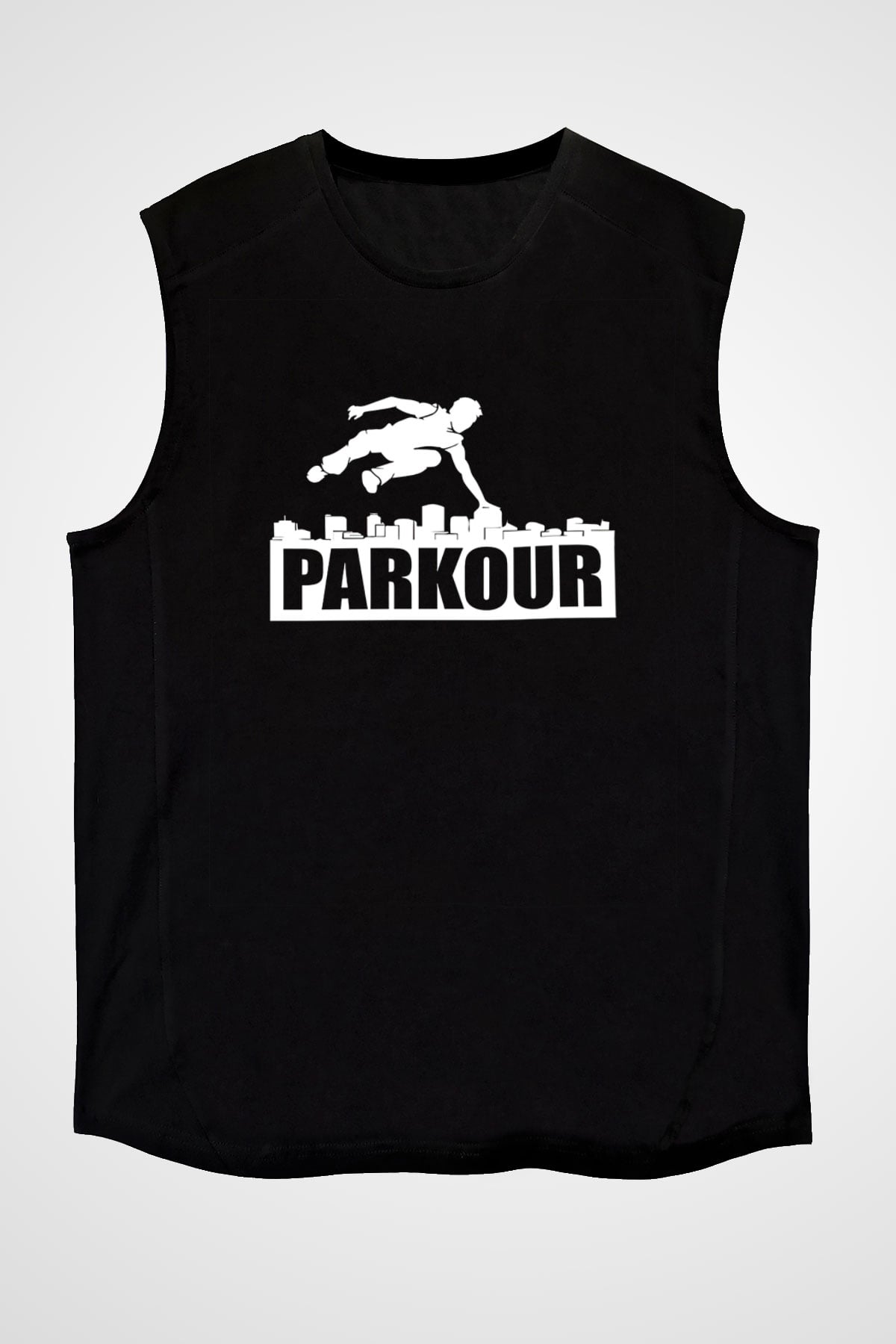 Parkour Baskılı Unisex Siyah Kolsuz Tişört