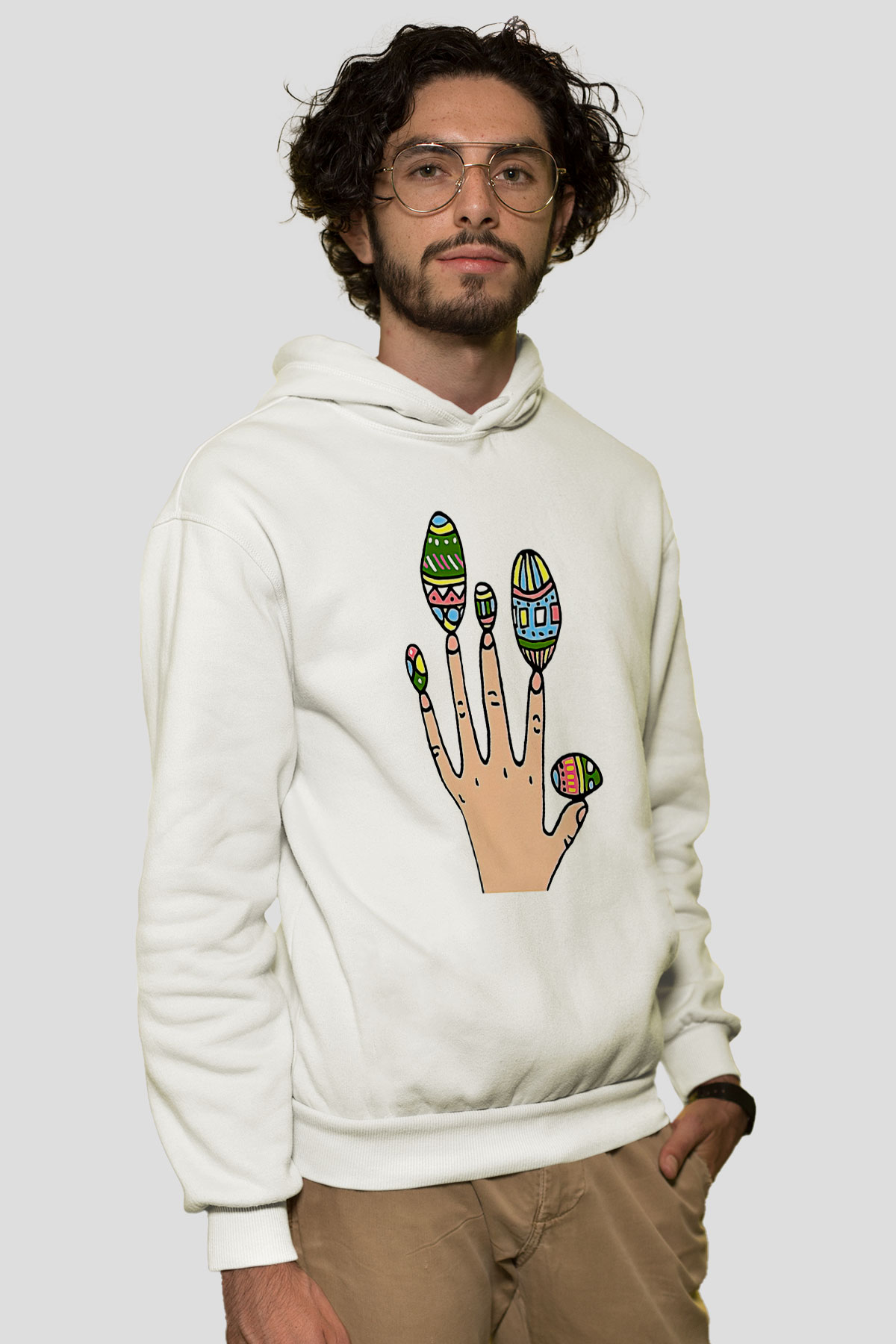 Paskalya Baskılı Beyaz Unisex Kapüşonlu Sweatshirt