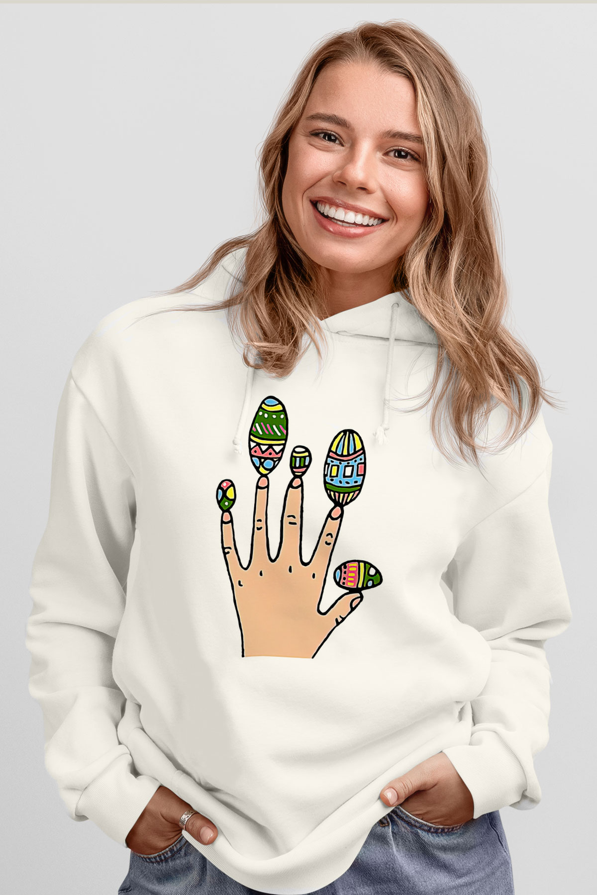 Paskalya Baskılı Beyaz Unisex Kapüşonlu Sweatshirt