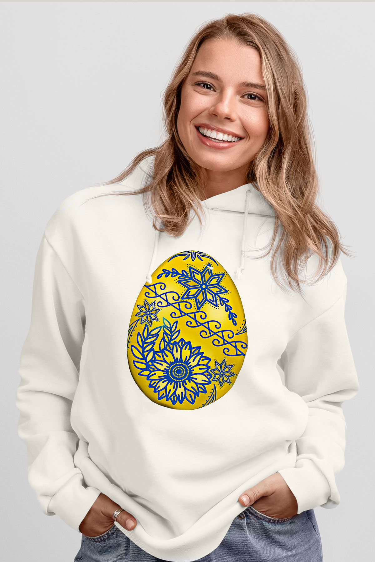 Paskalya Baskılı Beyaz Unisex Kapüşonlu Sweatshirt