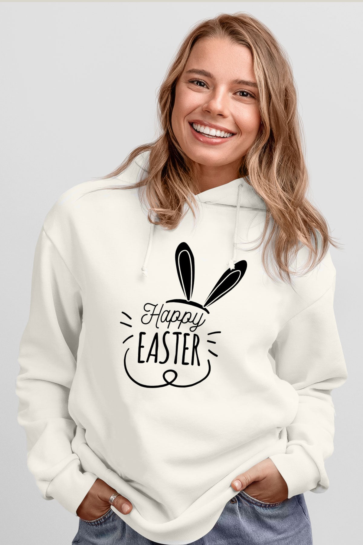 Paskalya Baskılı Beyaz Unisex Kapüşonlu Sweatshirt