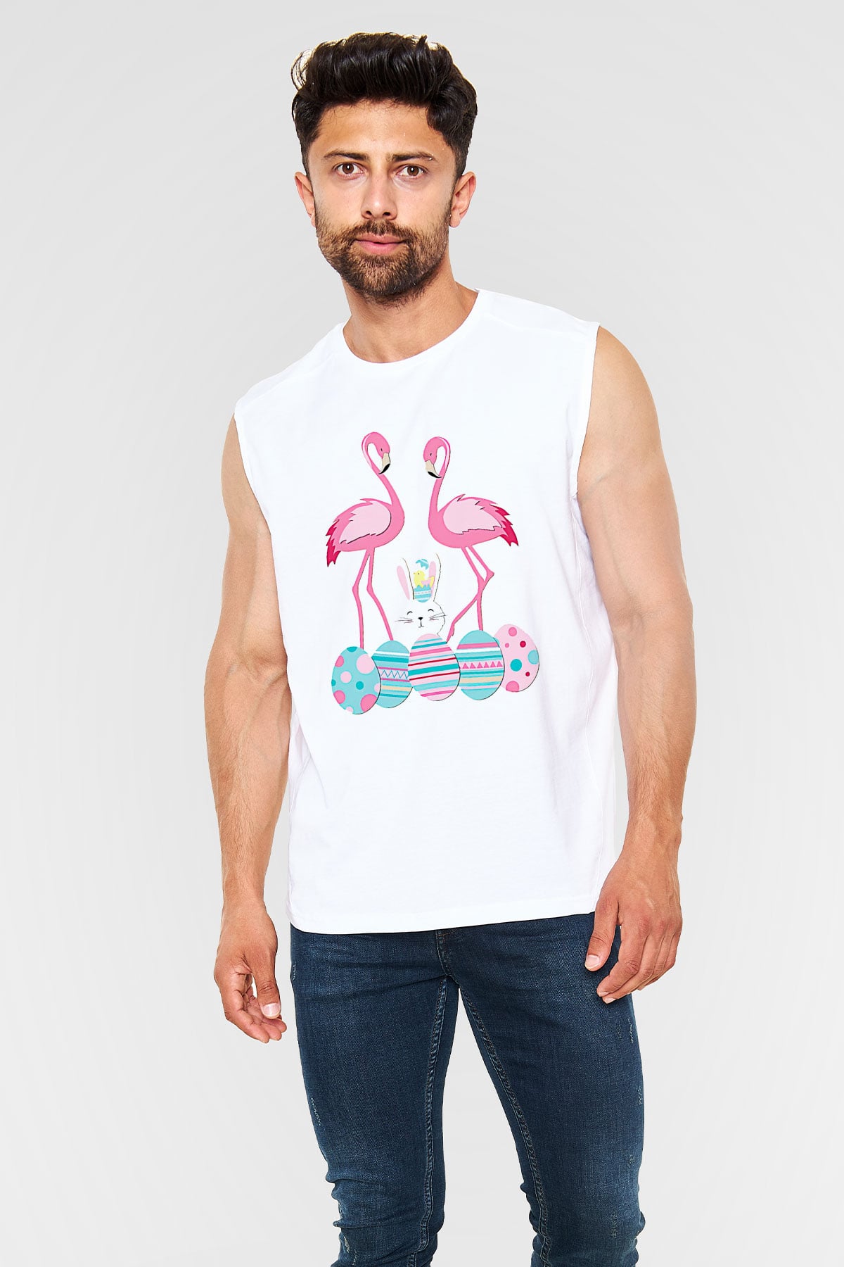 Paskalya Baskılı Beyaz Unisex Kolsuz Tişört - Tshirt