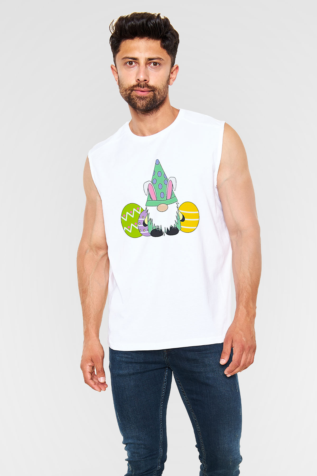 Paskalya Baskılı Beyaz Unisex Kolsuz Tişört - Tshirt