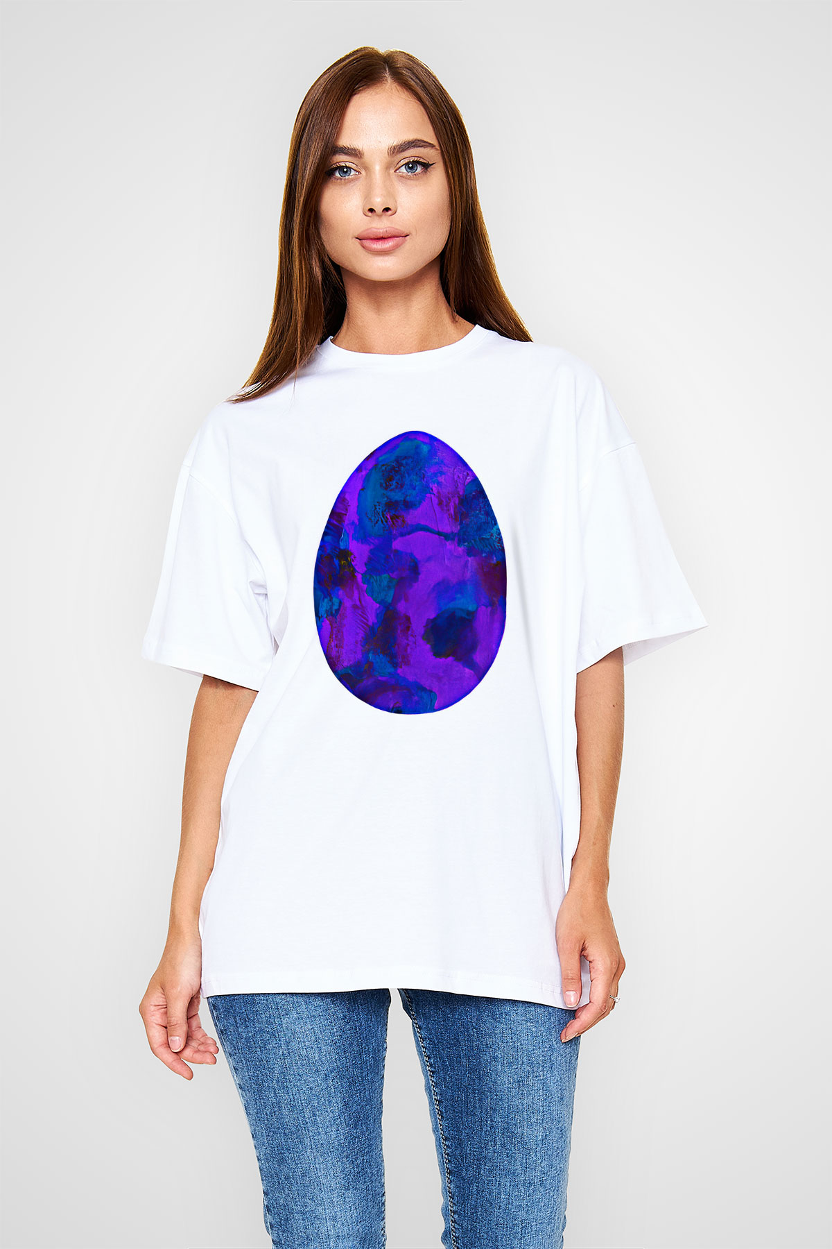 Paskalya Baskılı Beyaz Unisex Oversize Tişört - Tshirt