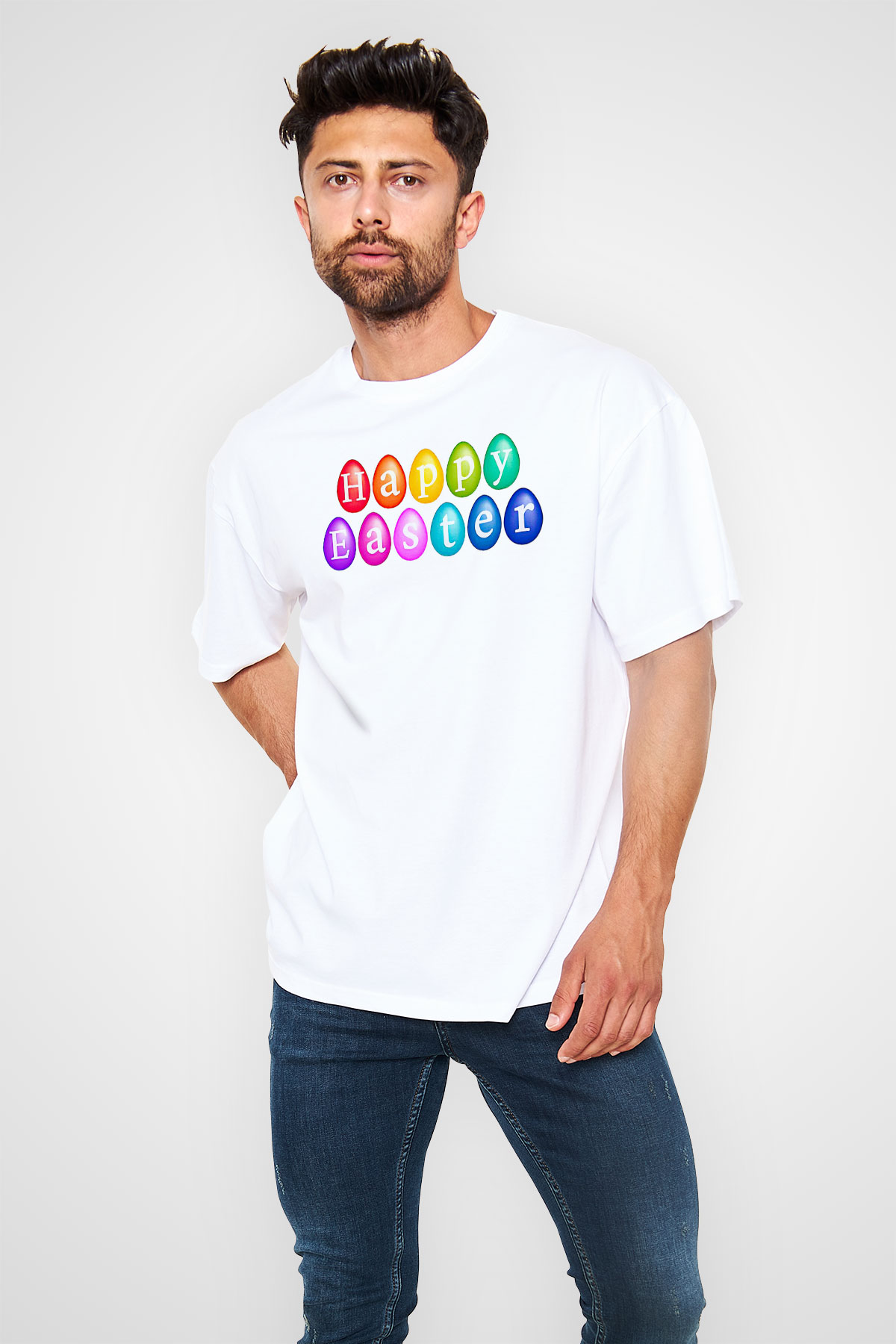 Paskalya Baskılı Beyaz Unisex Oversize Tişört - Tshirt