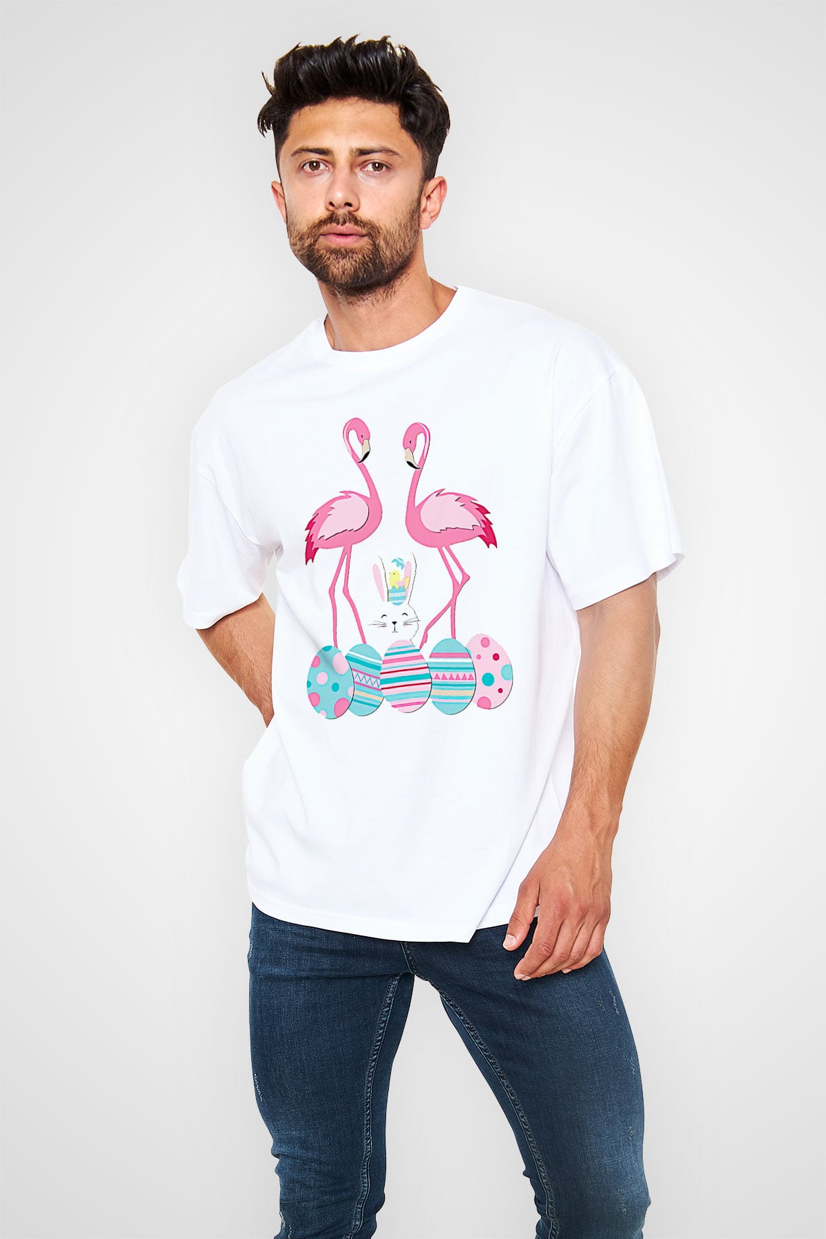 Paskalya Baskılı Beyaz Unisex Oversize Tişört - Tshirt