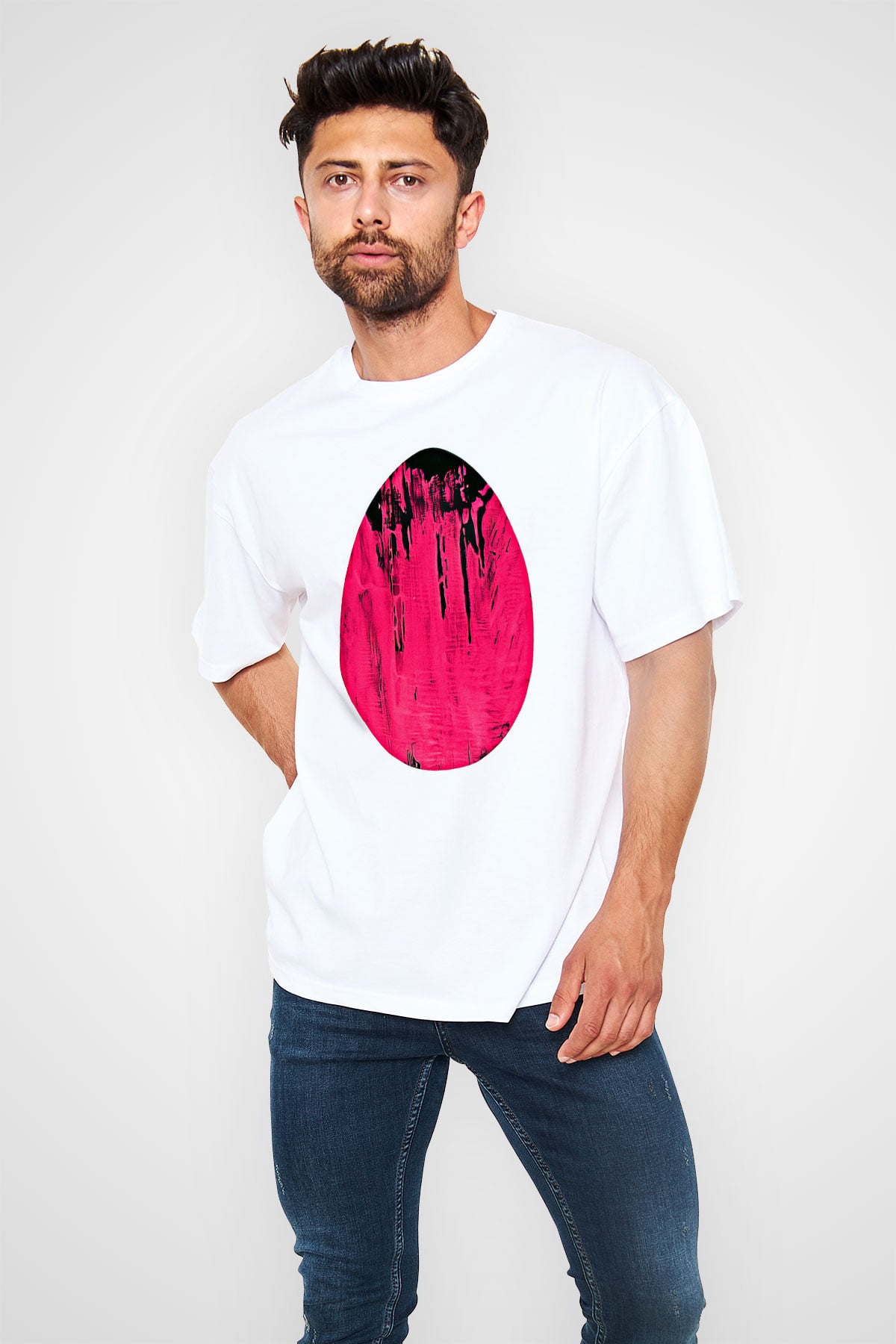 Paskalya Baskılı Beyaz Unisex Oversize Tişört - Tshirt