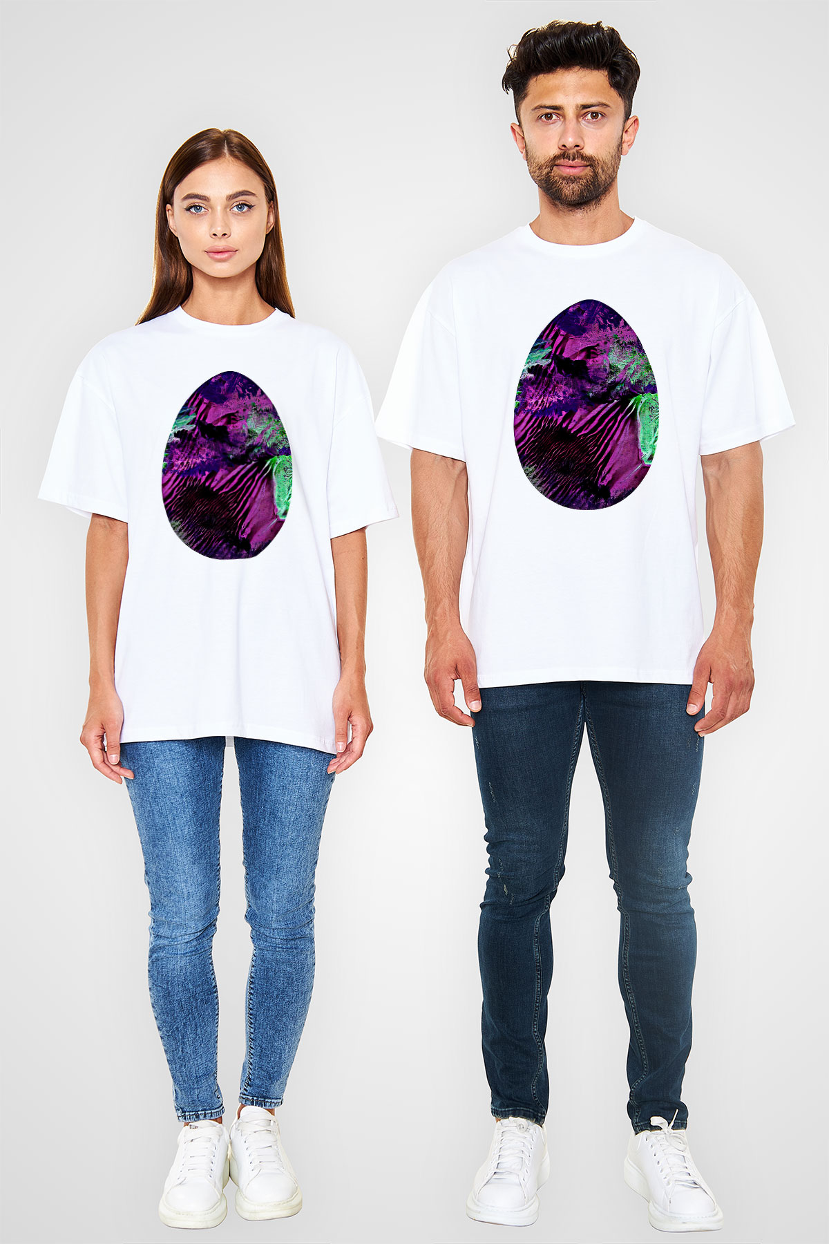 Paskalya Baskılı Beyaz Unisex Oversize Tişört - Tshirt