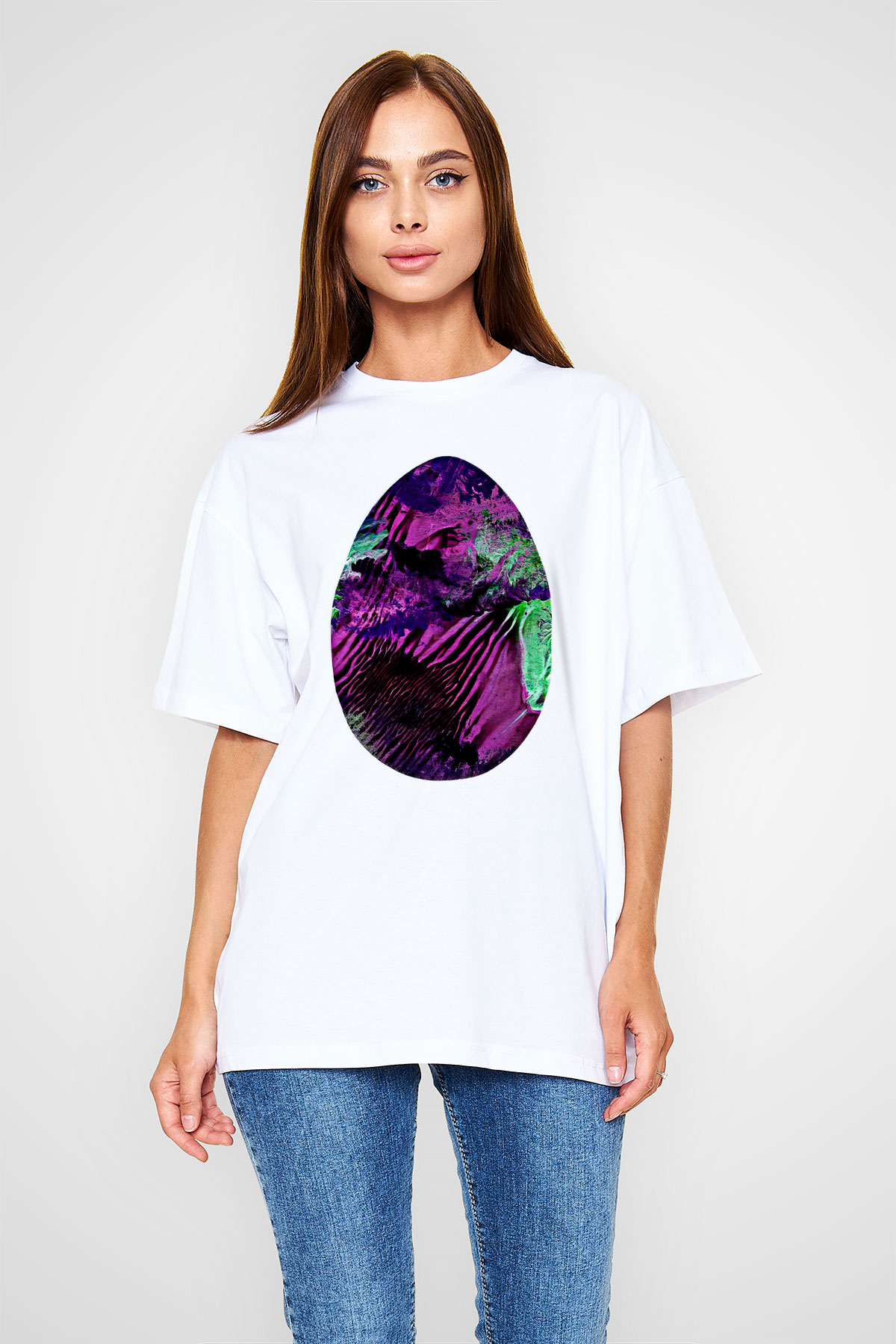 Paskalya Baskılı Beyaz Unisex Oversize Tişört - Tshirt