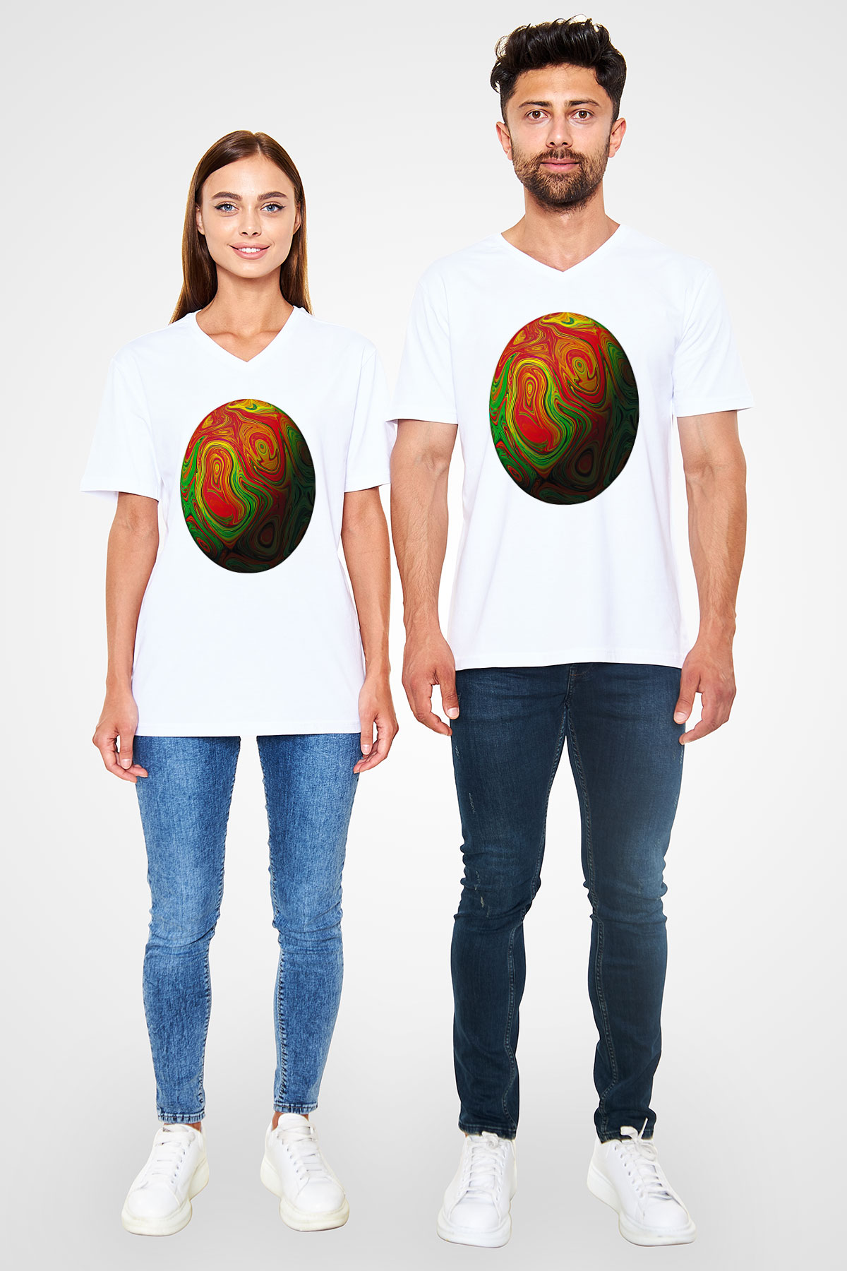 Paskalya Baskılı Beyaz Unisex V Yaka Tişört - Tshirt