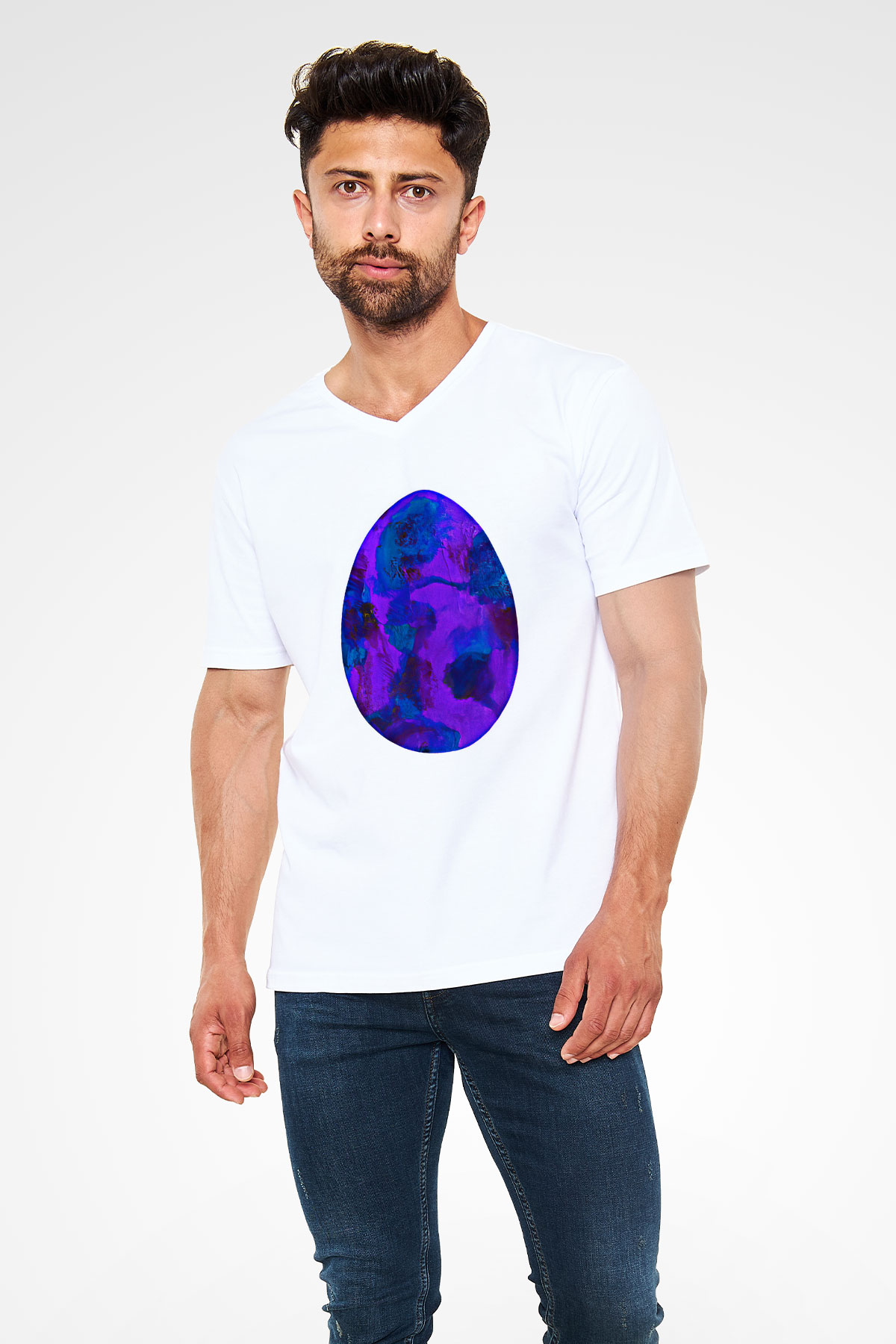 Paskalya Baskılı Beyaz Unisex V Yaka Tişört - Tshirt