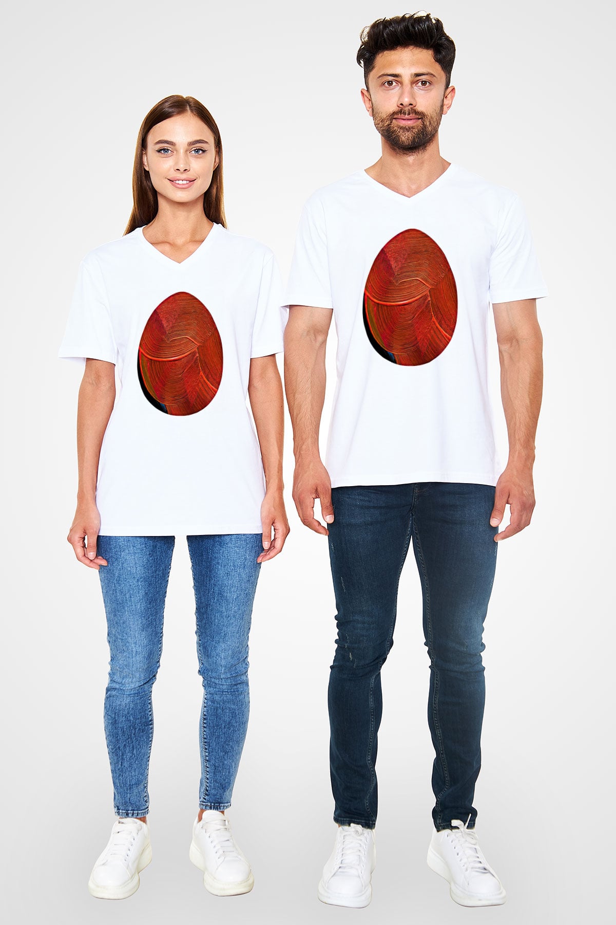 Paskalya Baskılı Beyaz Unisex V Yaka Tişört - Tshirt