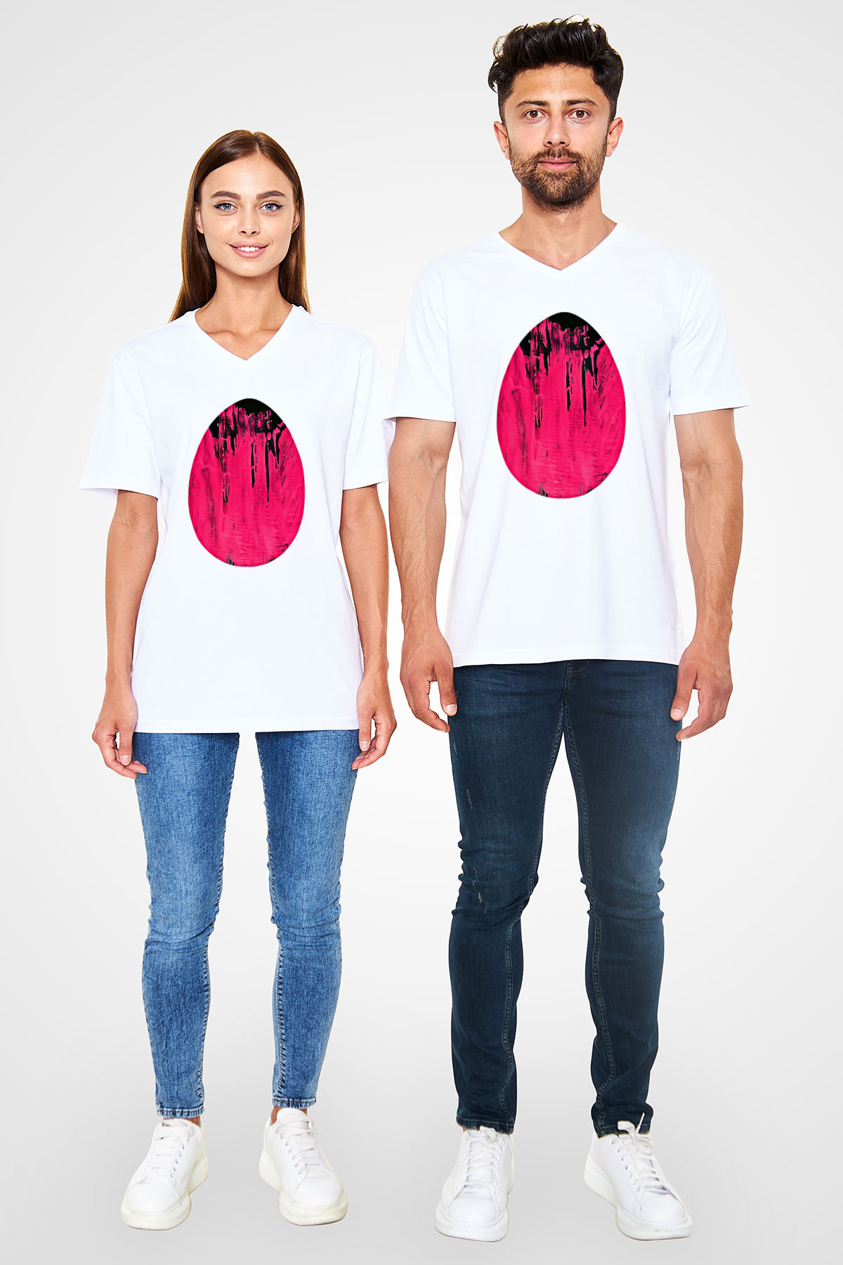 Paskalya Baskılı Beyaz Unisex V Yaka Tişört - Tshirt