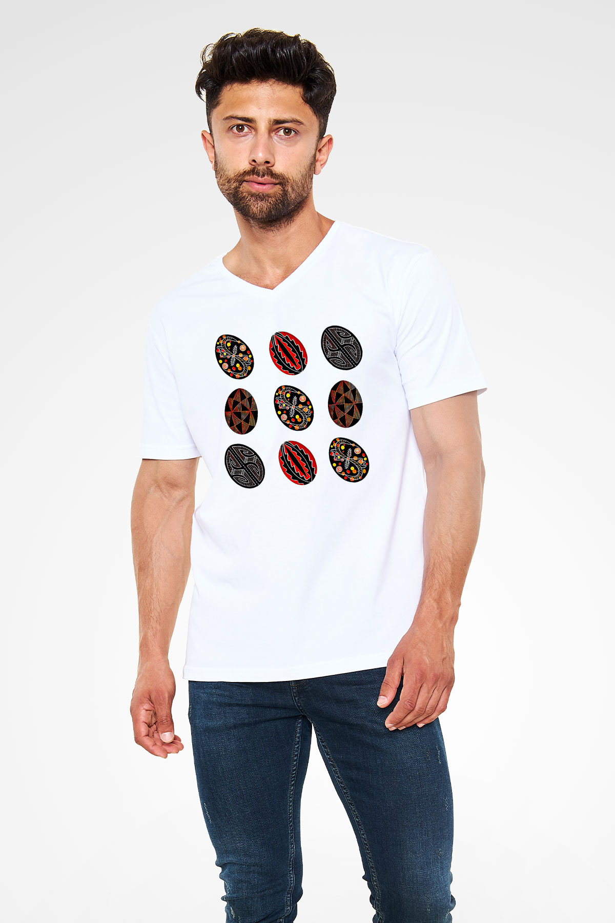 Paskalya Baskılı Beyaz Unisex V Yaka Tişört - Tshirt