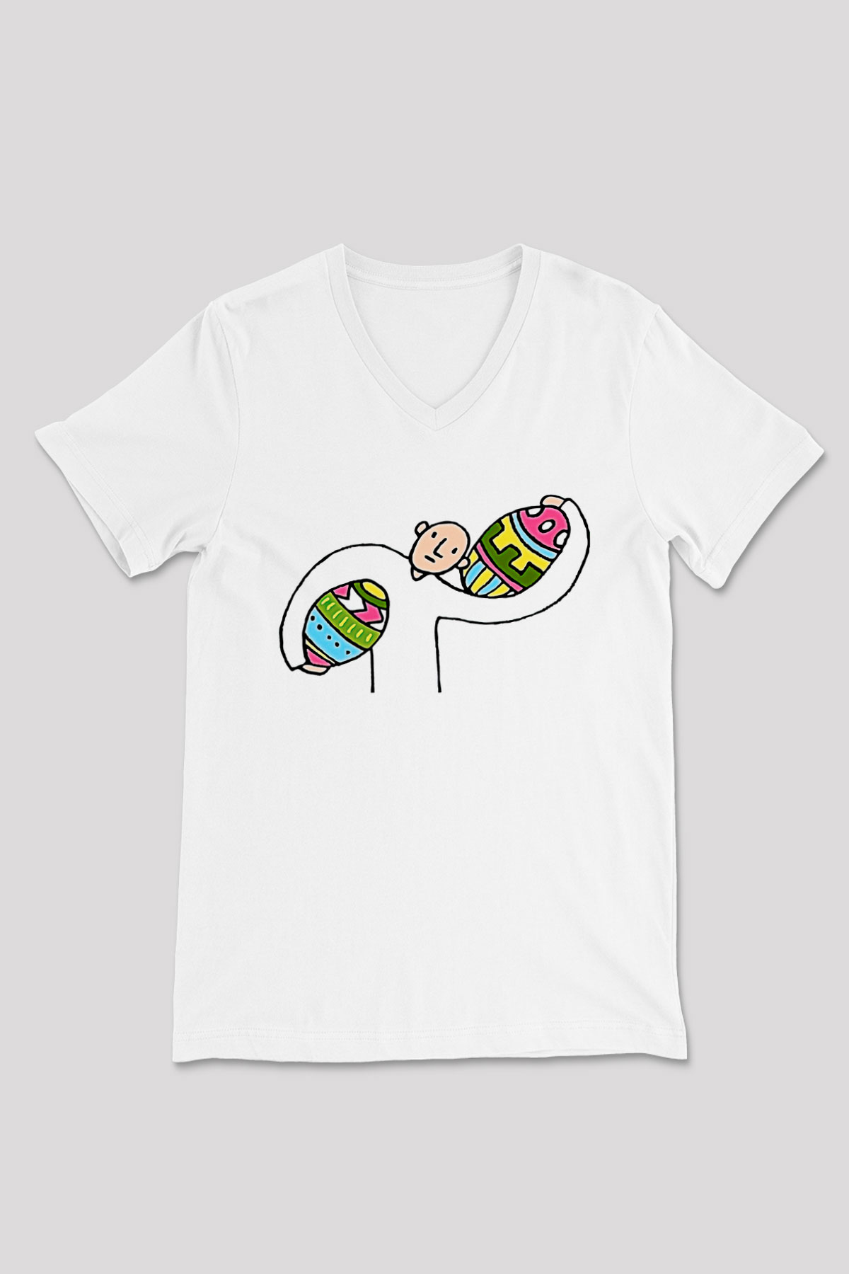 Paskalya Baskılı Beyaz Unisex V Yaka Tişört - Tshirt