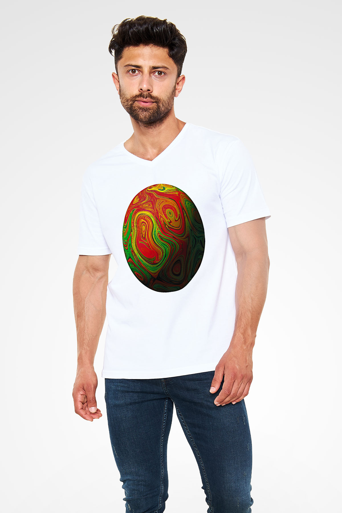 Paskalya Baskılı Beyaz Unisex V Yaka Tişört - Tshirt