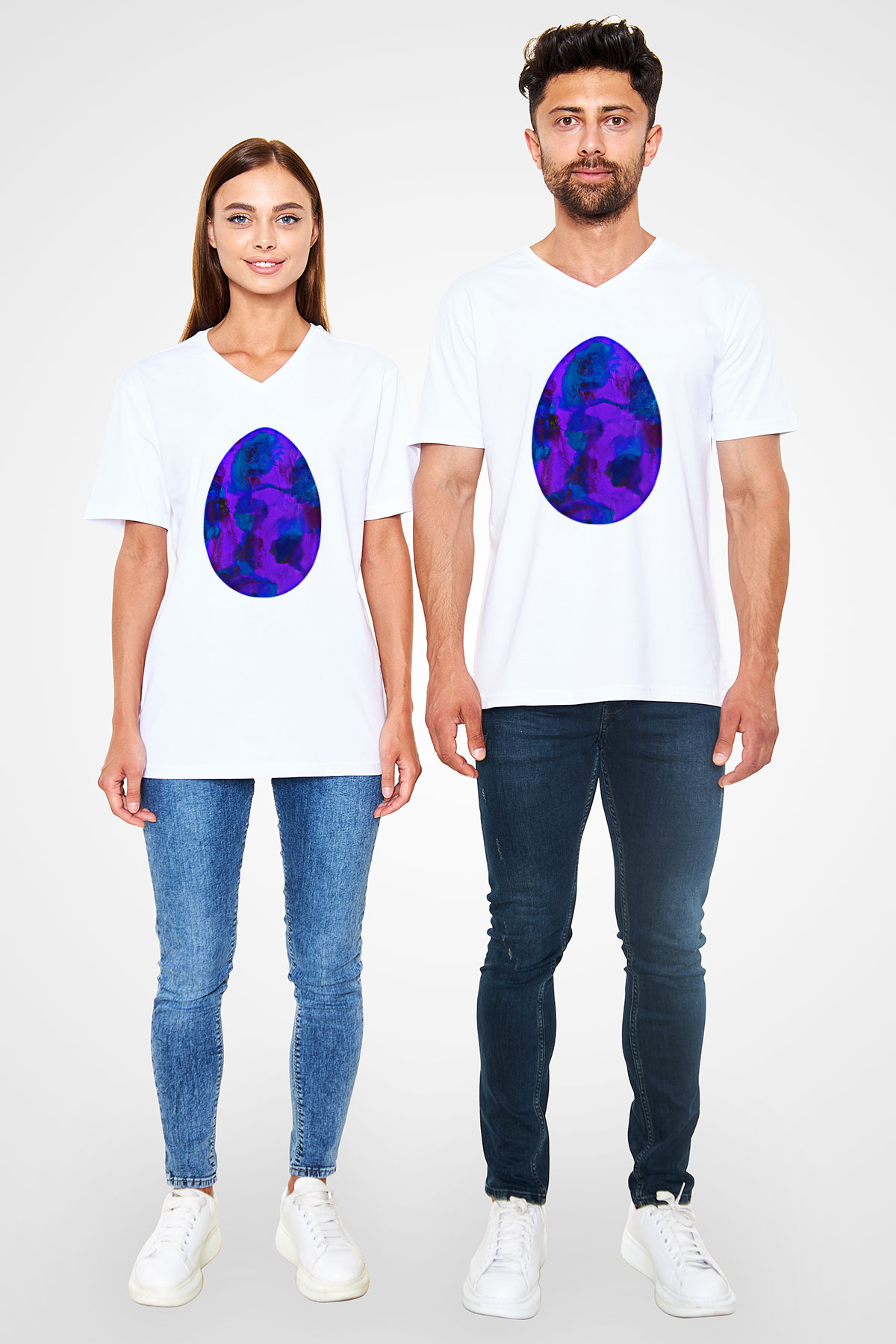 Paskalya Baskılı Beyaz Unisex V Yaka Tişört - Tshirt