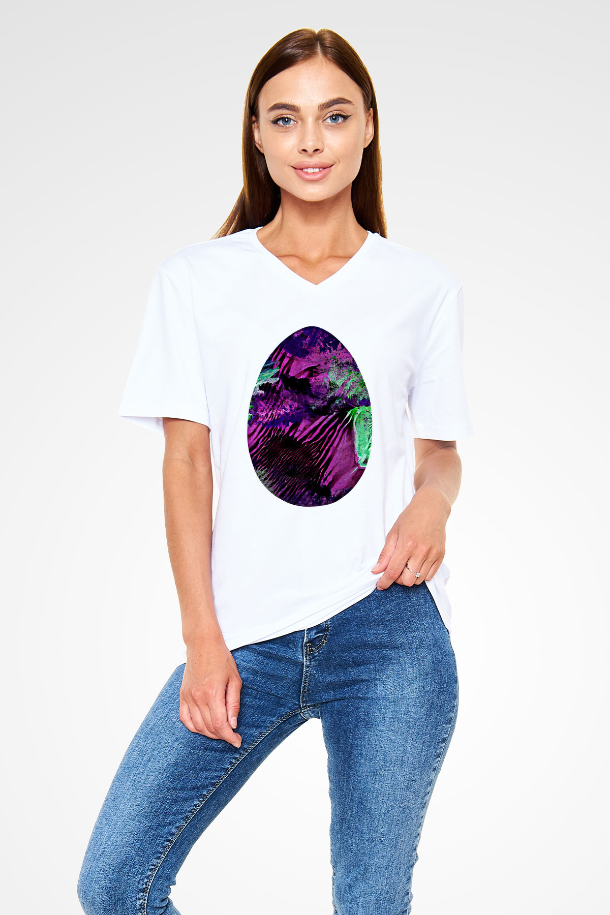 Paskalya Baskılı Beyaz Unisex V Yaka Tişört - Tshirt