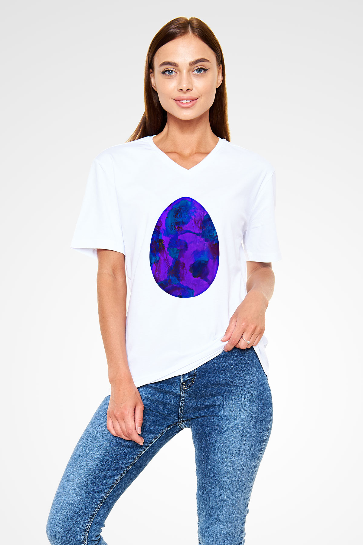 Paskalya Baskılı Beyaz Unisex V Yaka Tişört - Tshirt
