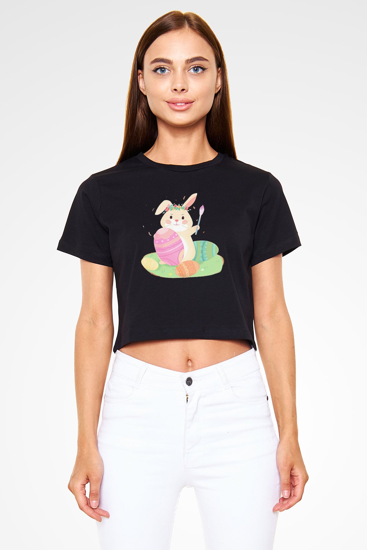 Paskalya Baskılı Siyah Crop Top Kadın Tişört - Tshirt