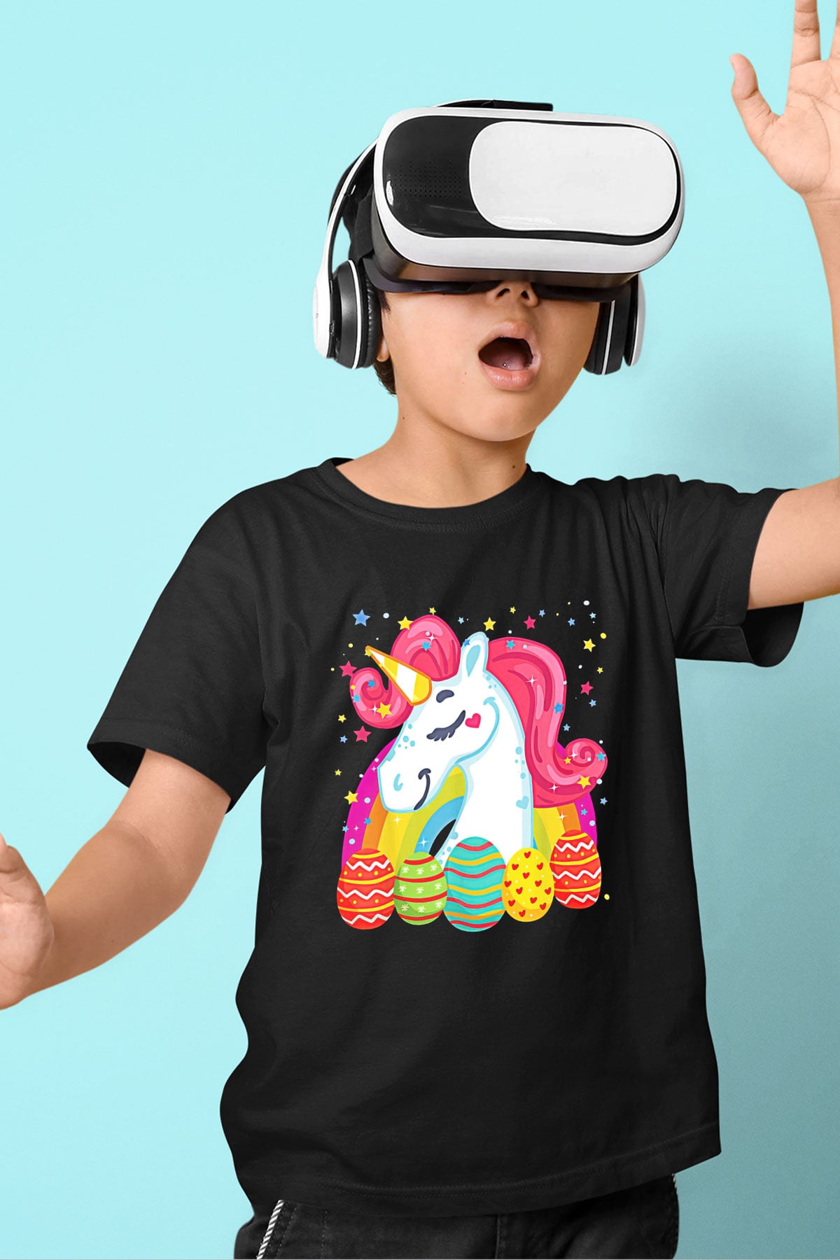 Paskalya Baskılı Unisex Siyah Çocuk Tişört - Tshirt