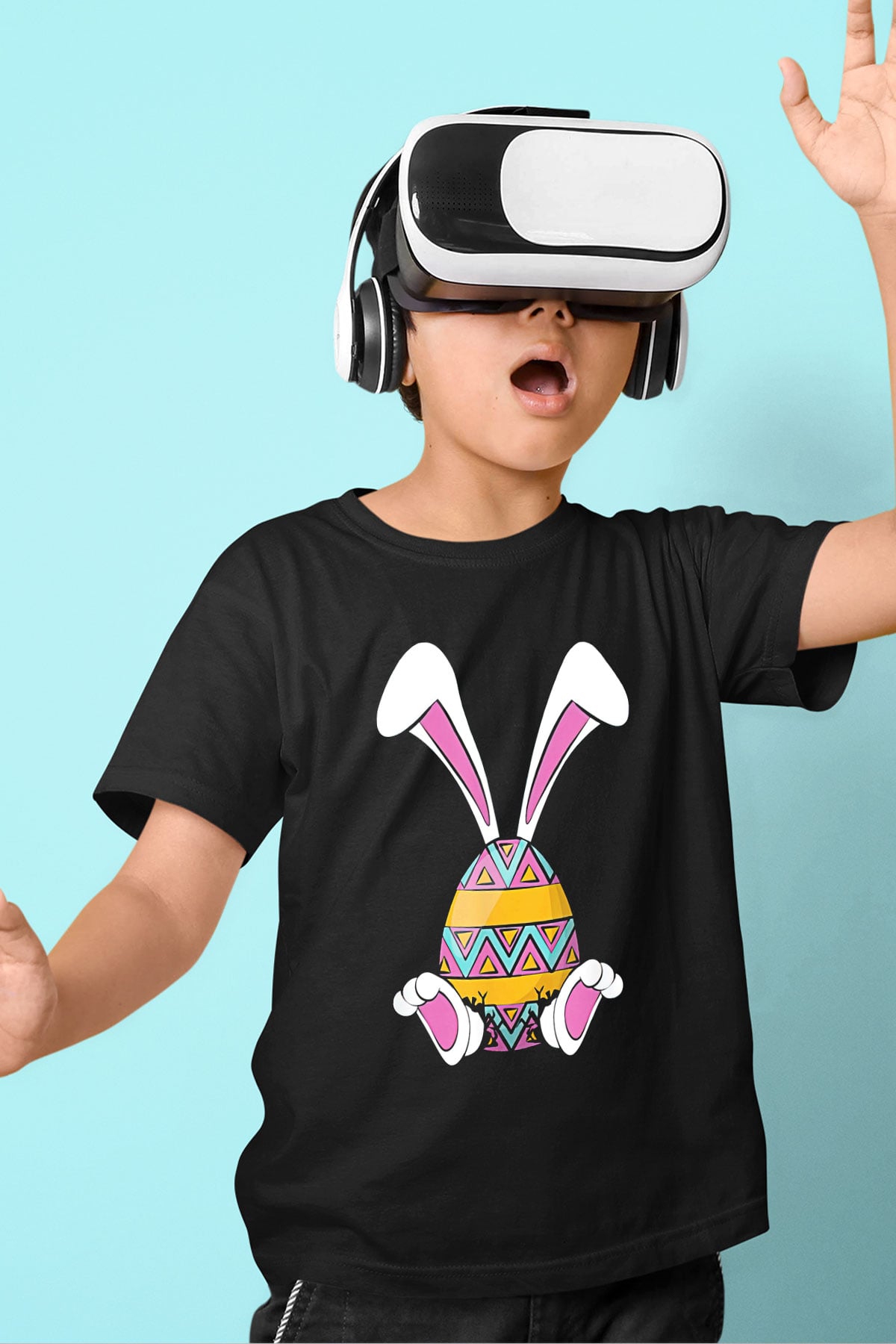 Paskalya Baskılı Unisex Siyah Çocuk Tişört - Tshirt