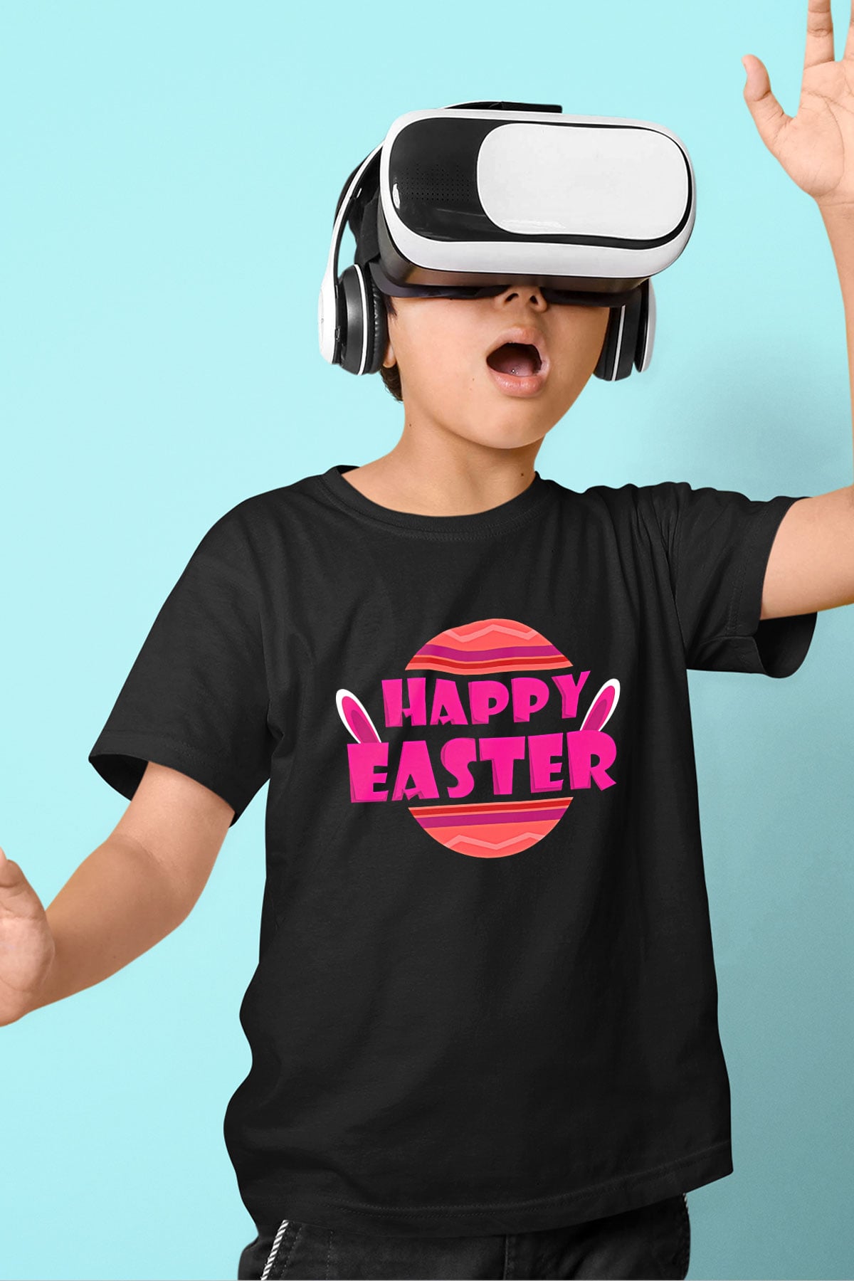 Paskalya Baskılı Unisex Siyah Çocuk Tişört - Tshirt