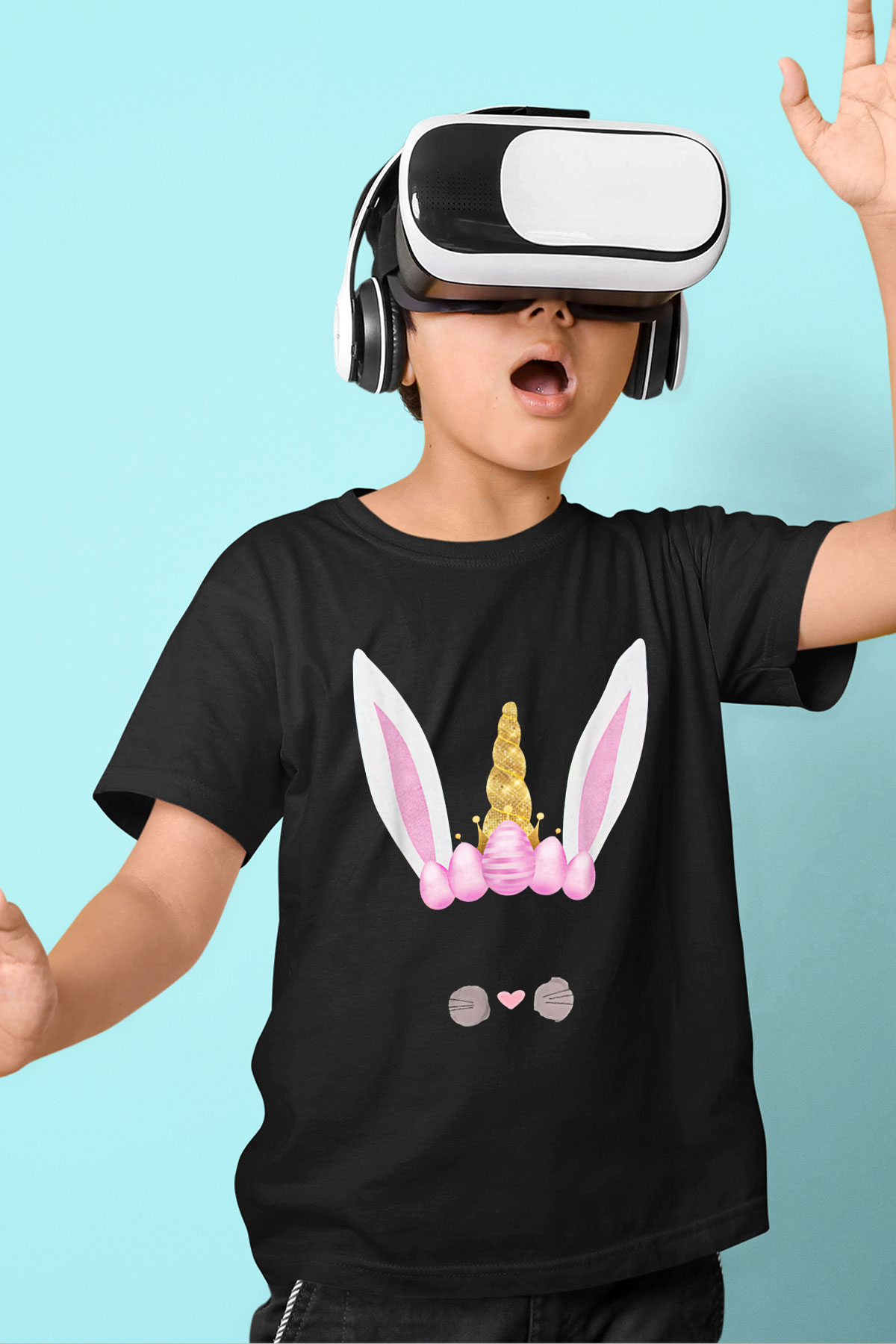 Paskalya Baskılı Unisex Siyah Çocuk Tişört - Tshirt