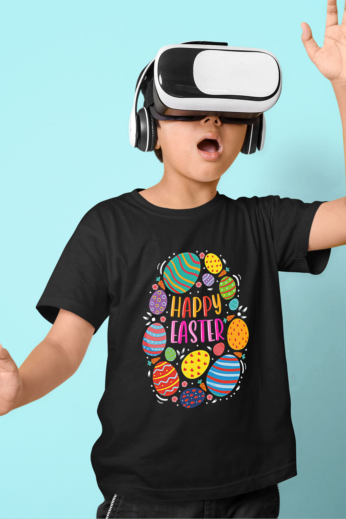 Paskalya Baskılı Unisex Siyah Çocuk Tişört - Tshirt